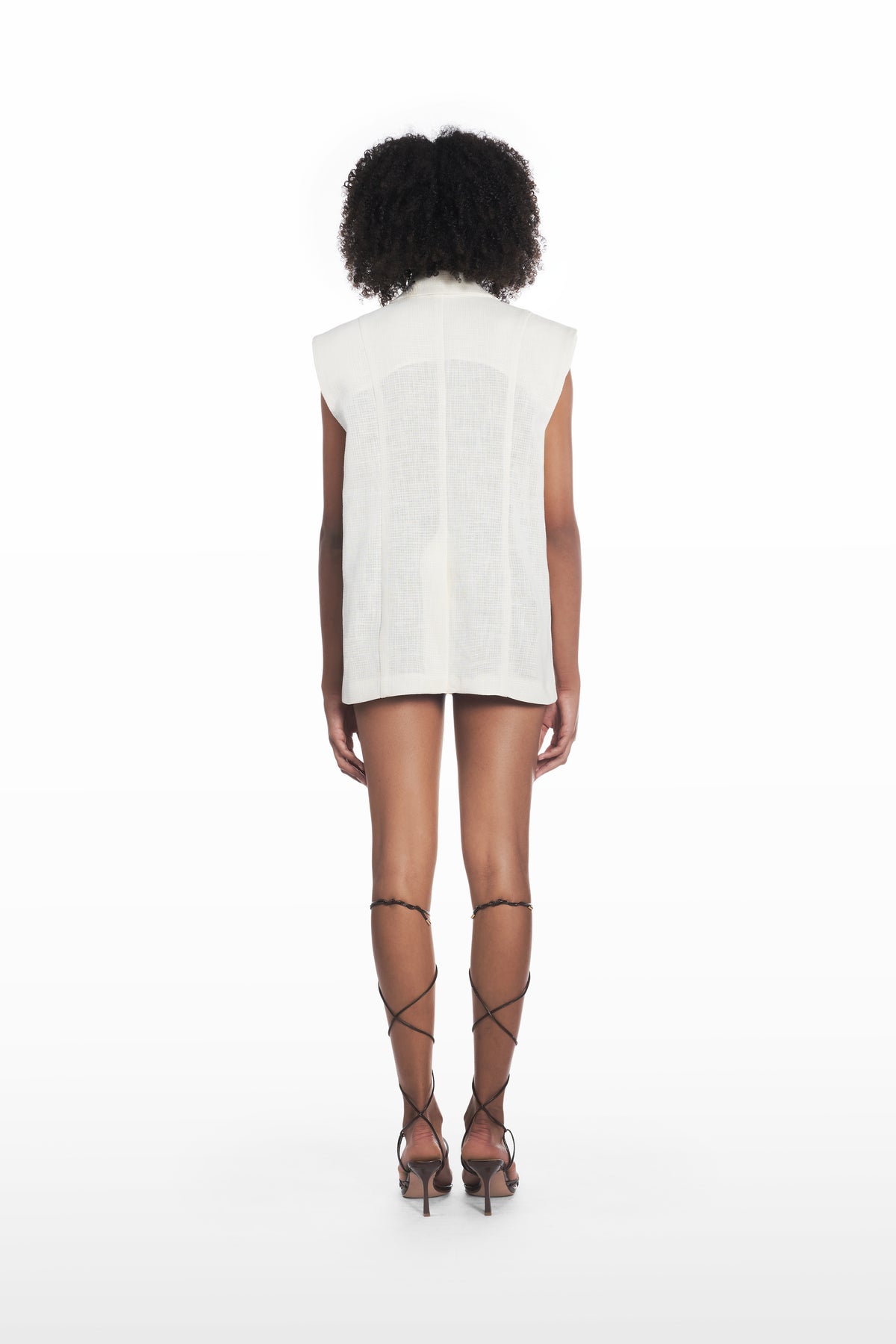 Oversize Mesh West in off-white breathable mesh fabric, elongated sleeveless vest, back view