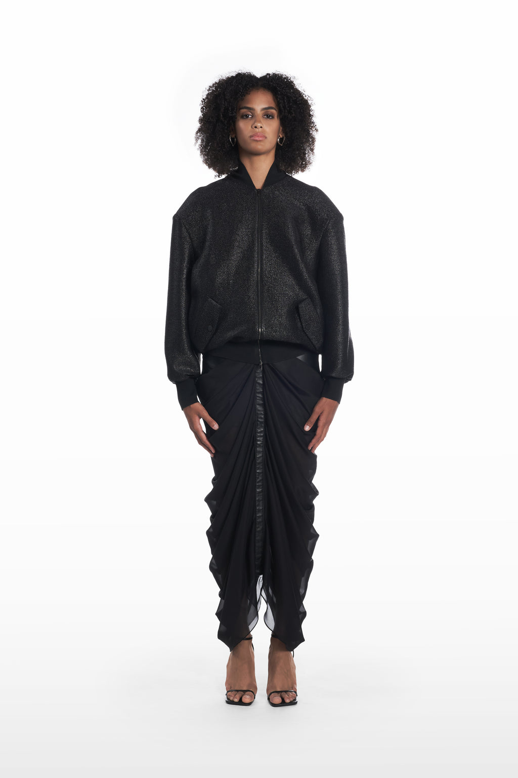 Oversize Raffia Bomber in black, front view with oversized silhouette and textured raffia finish