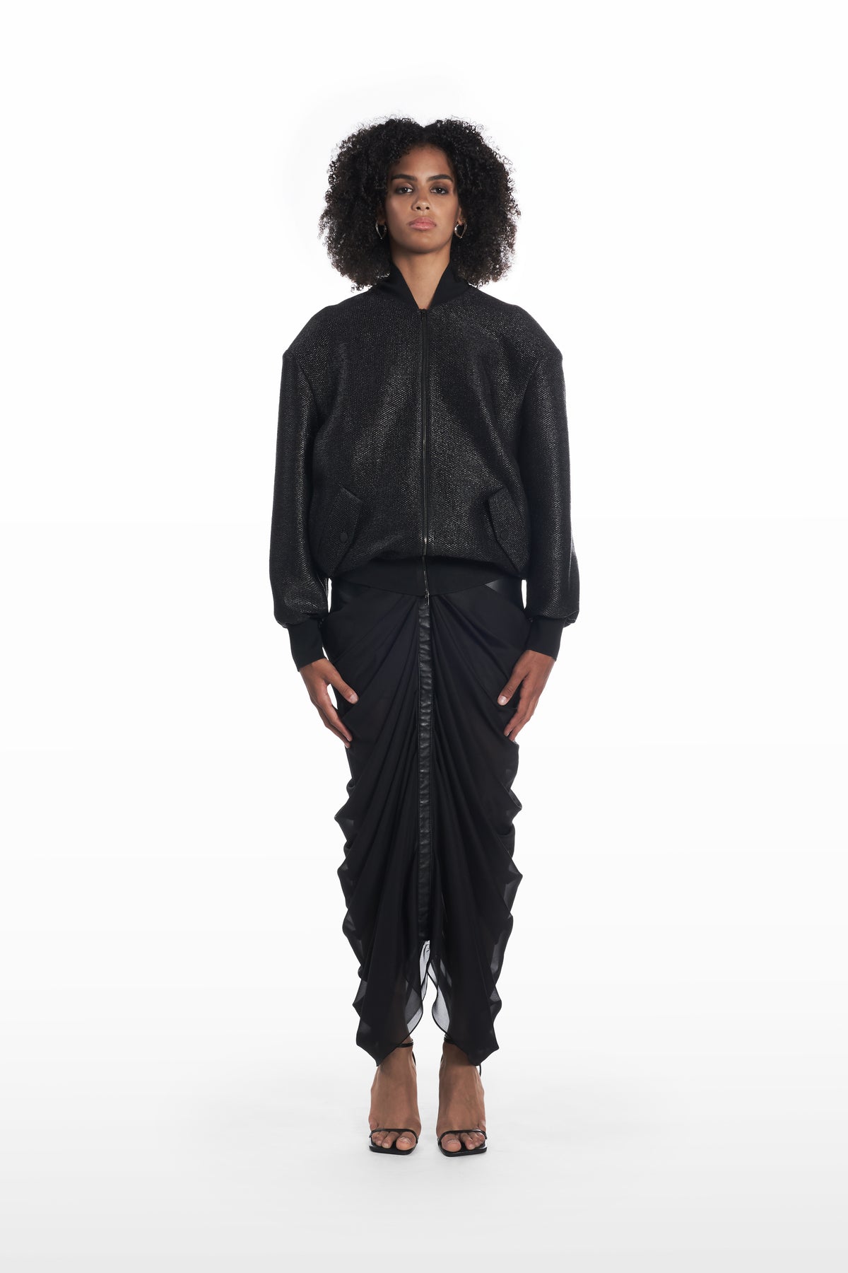 Oversize Raffia Bomber in black, front view with oversized silhouette and textured raffia finish