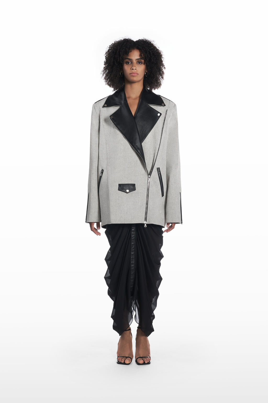 Oversize Leather Denim Jacket in grey and black, front view