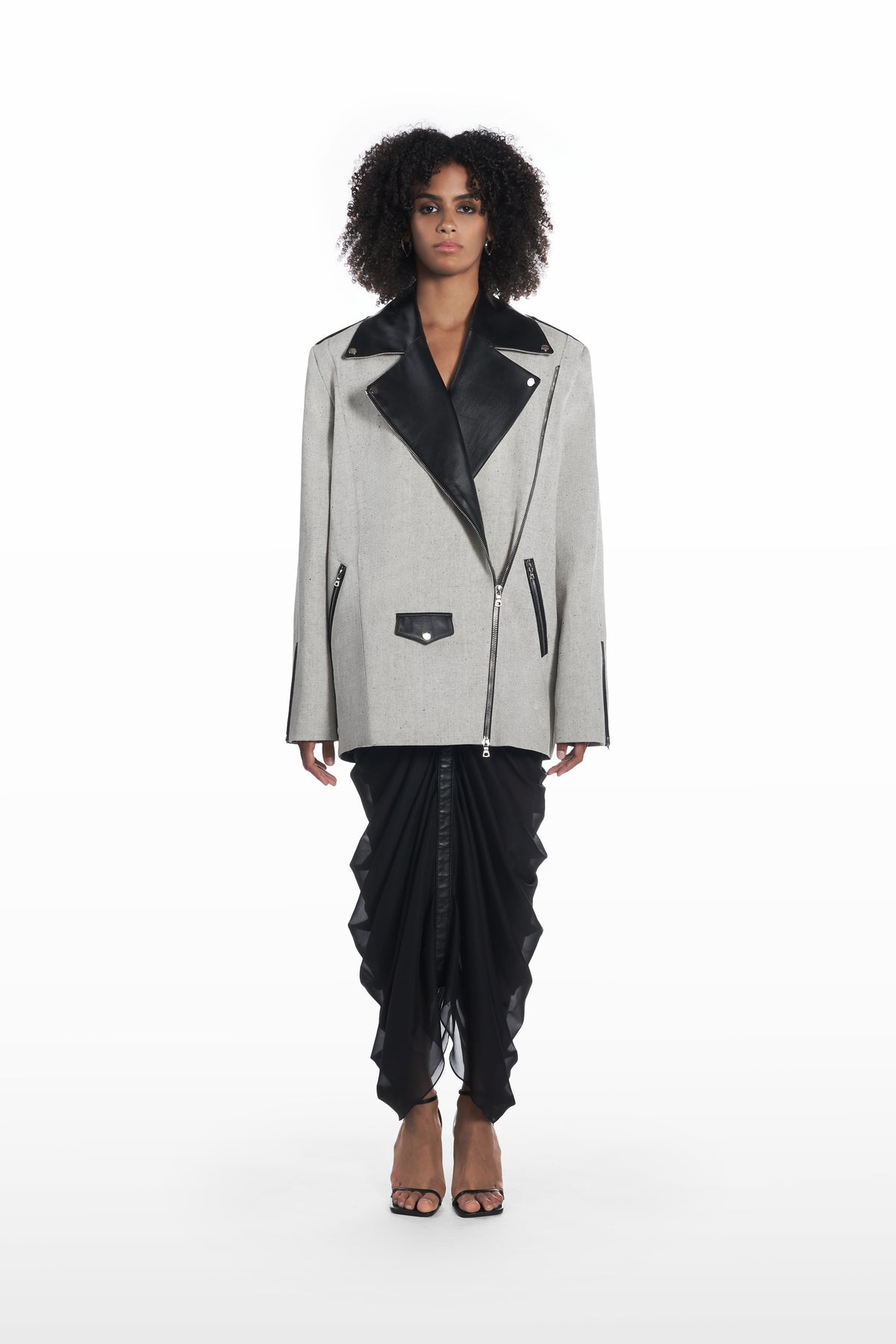 Oversize Leather Denim Jacket in grey and black, front view