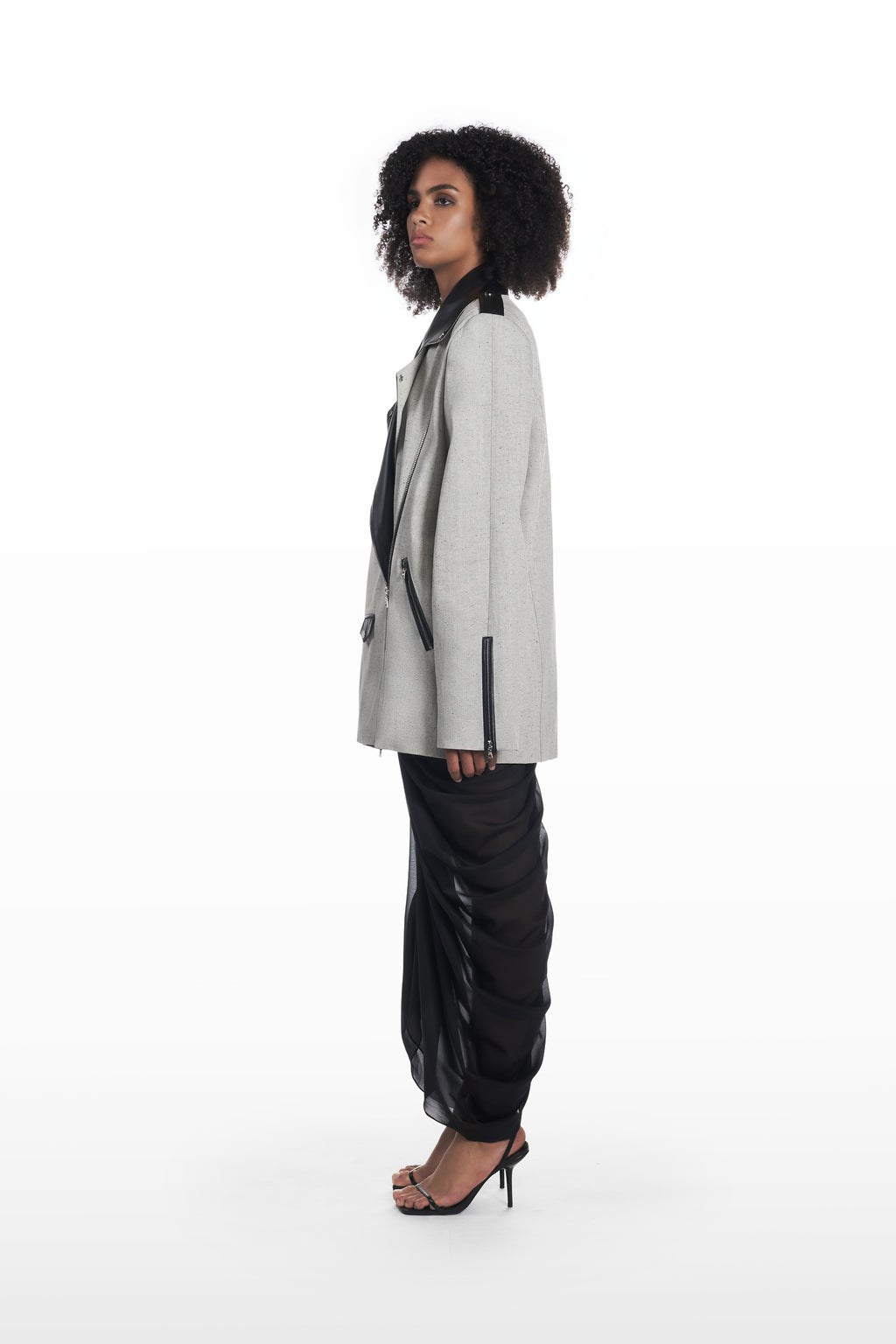 Oversize Leather Denim Jacket in grey and black, side view