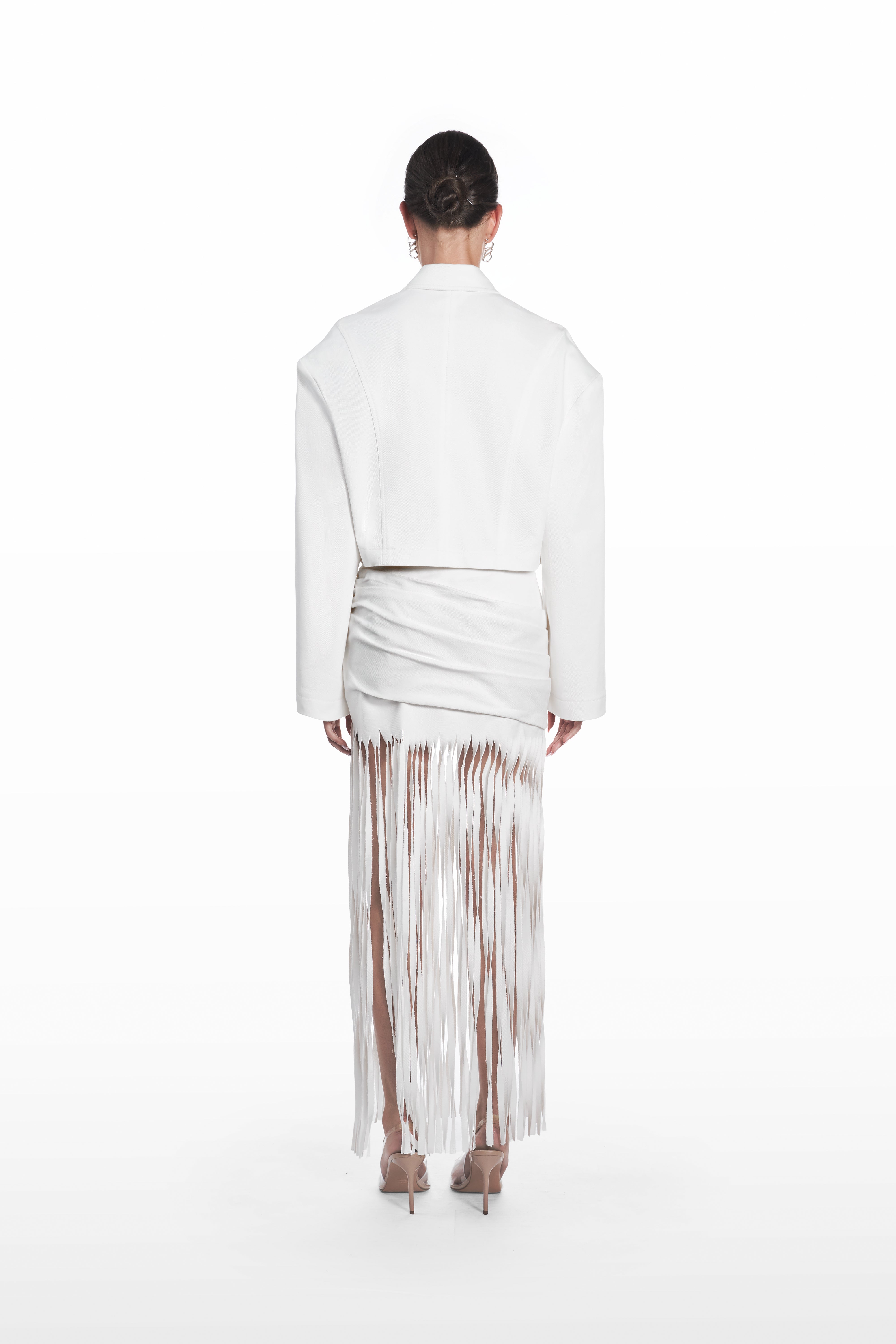 Oversize Falling Shoulders Shirt in white cotton blend, back view with clean oversized cut, structured shoulders, and minimalist tailored finish
