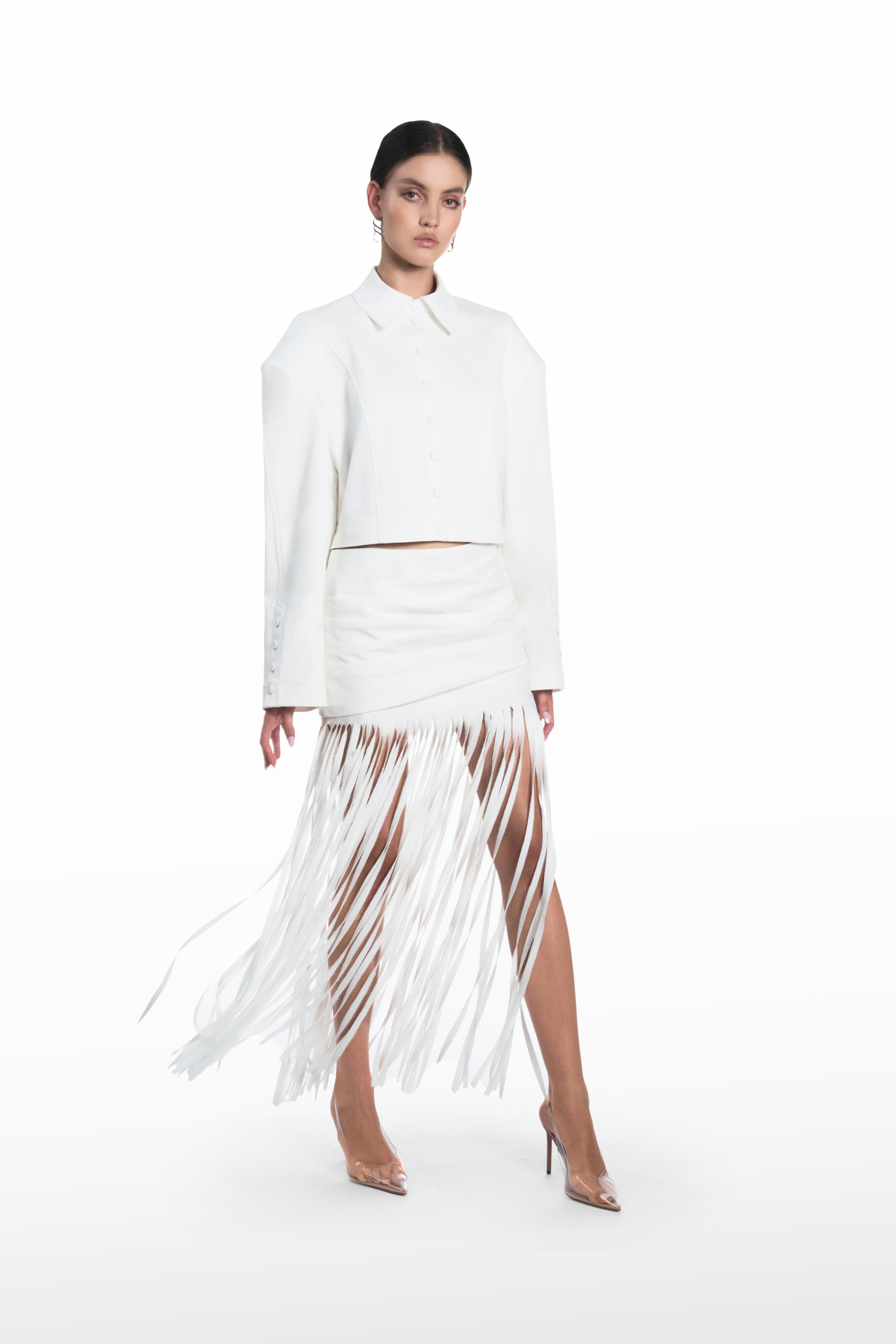 【新品】roughlow AIRY FRINGE SKIRT ホワイト Palla Fringe Skirt | SAGIO designer fringe skirt