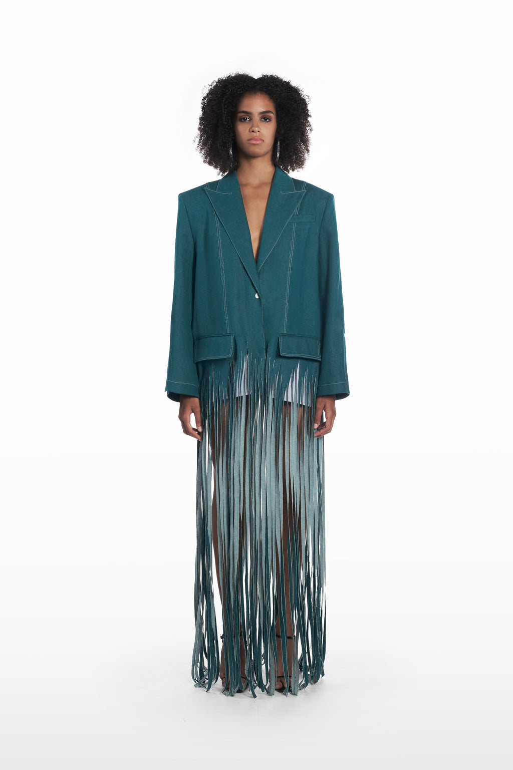 Oversize fringe denim coat in teal, front view with long fringe hem and oversized silhouette