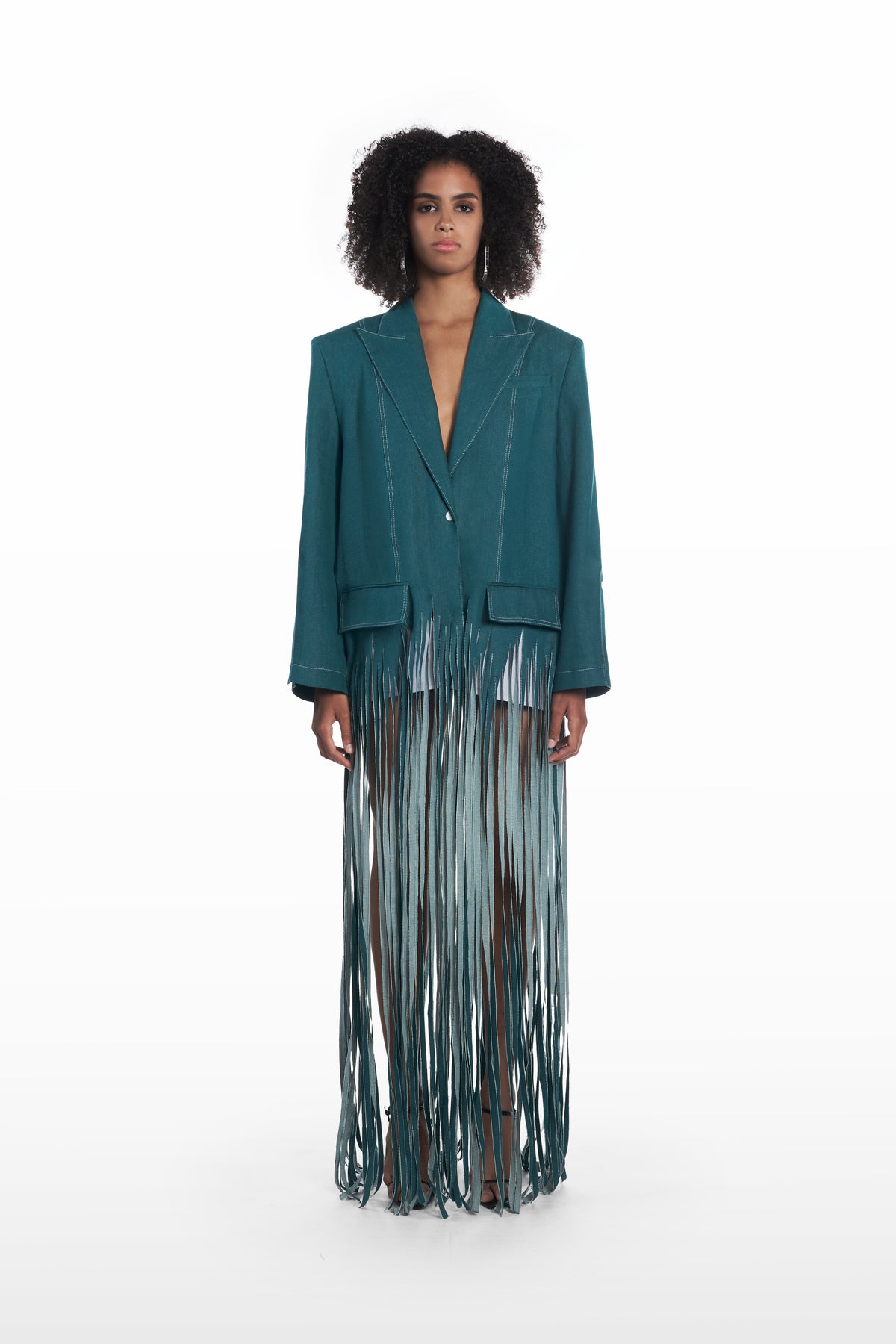Oversize fringe denim coat in teal, front view with long fringe hem and oversized silhouette