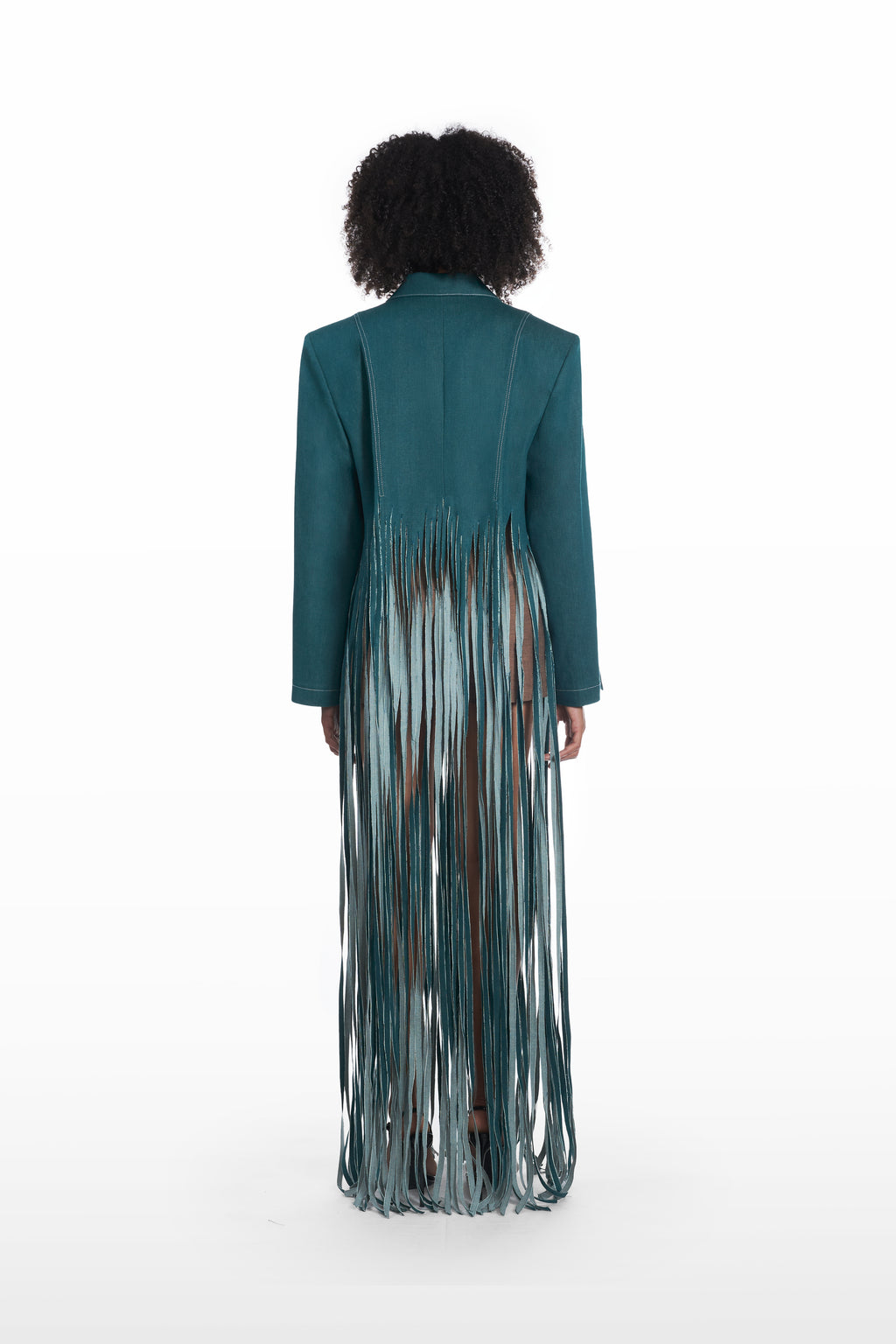 Oversize fringe denim coat in teal, back view with cascading fringe and oversized tailored shape