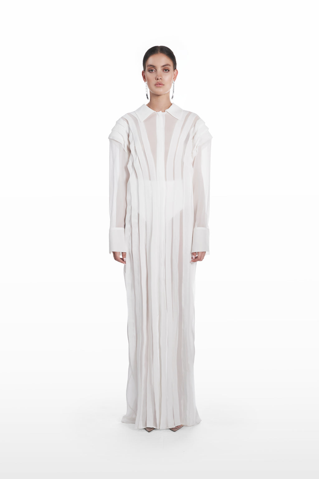Long Transparent Plank Dress in White, front view, sheer full-length silk dress with transparent vertical planks, fluid silhouette and structured collar