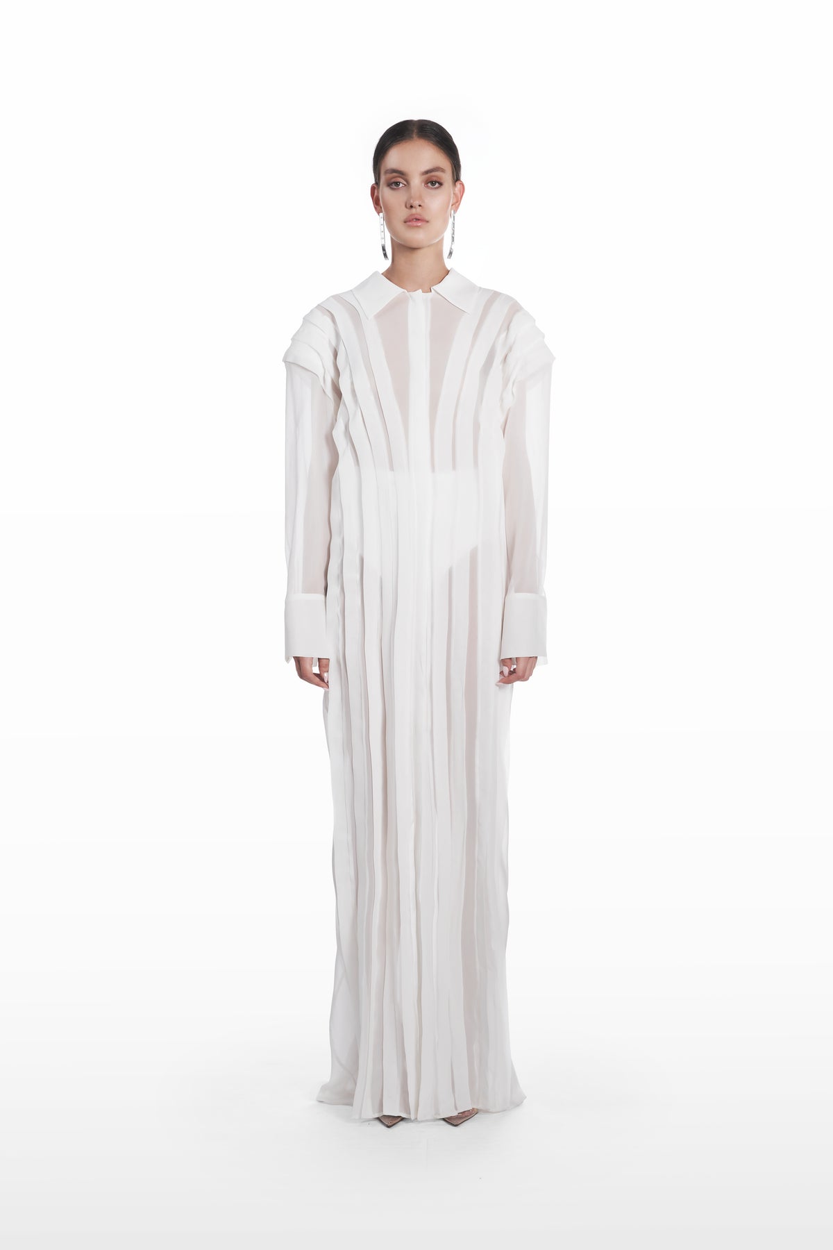 Long Transparent Plank Dress in White, front view, sheer full-length silk dress with transparent vertical planks, fluid silhouette and structured collar