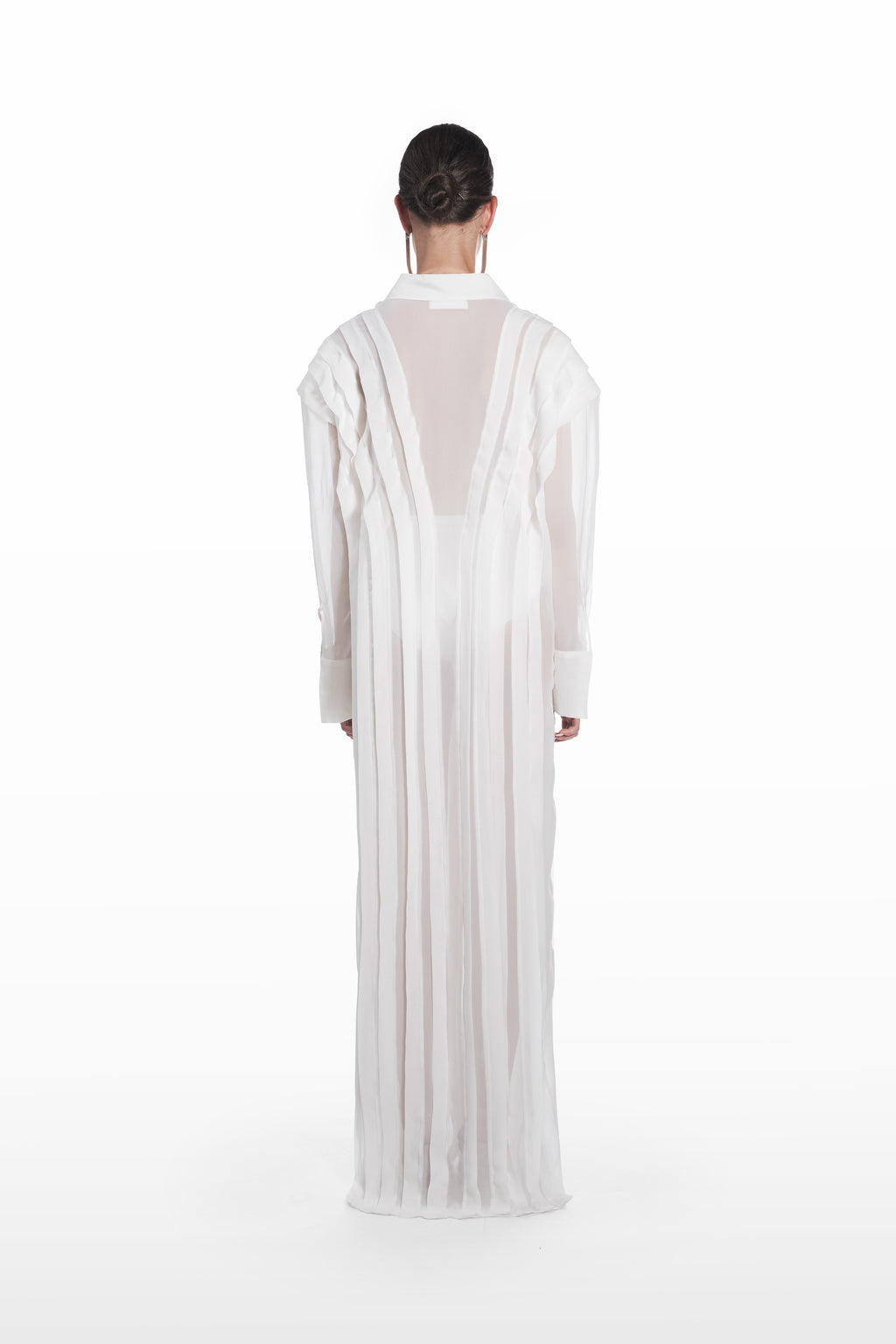 Long Transparent Plank Dress in White, back view, full-length sheer silk dress with transparent plank detailing, flowing column silhouette and architectural back line