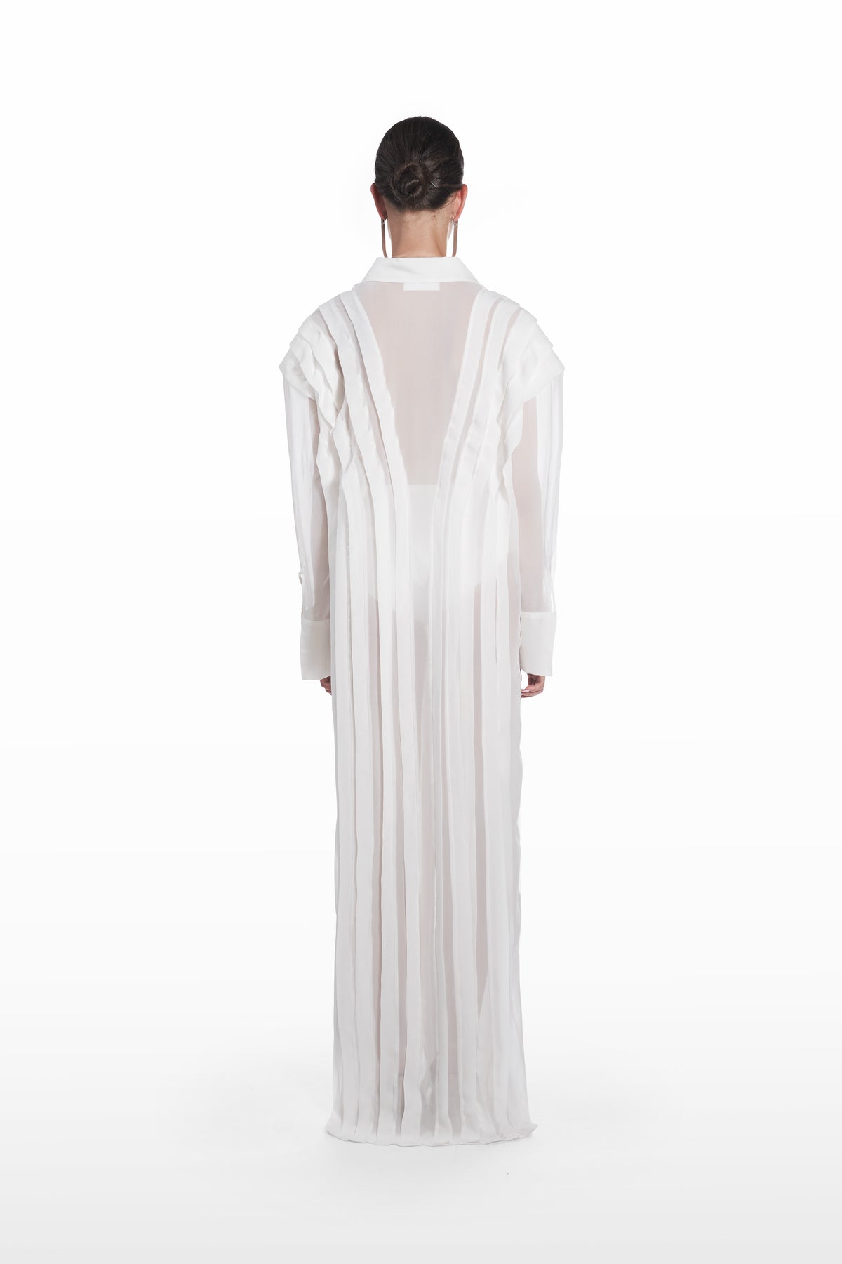 Long Transparent Plank Dress in White, back view, full-length sheer silk dress with transparent plank detailing, flowing column silhouette and architectural back line