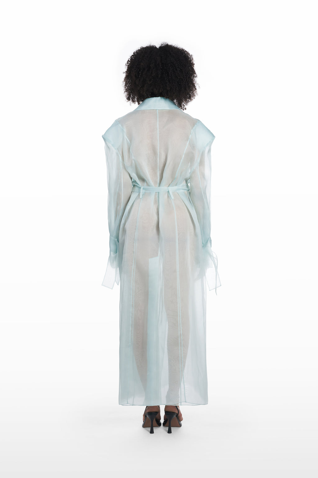 Classic double organza trench in clear aqua, back view with sheer silk organza construction and long belted shape