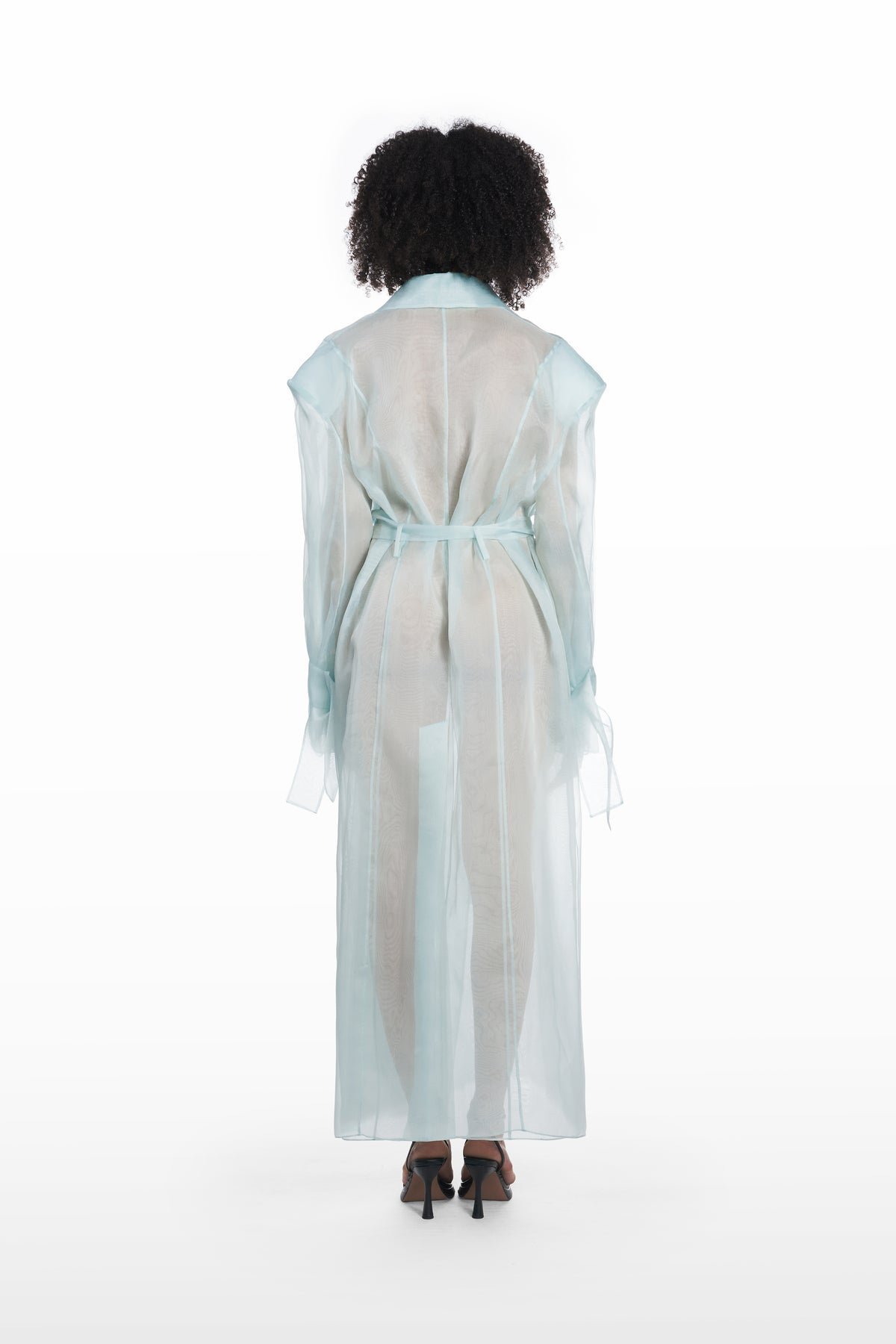 Classic double organza trench in clear aqua, back view with sheer silk organza construction and long belted shape