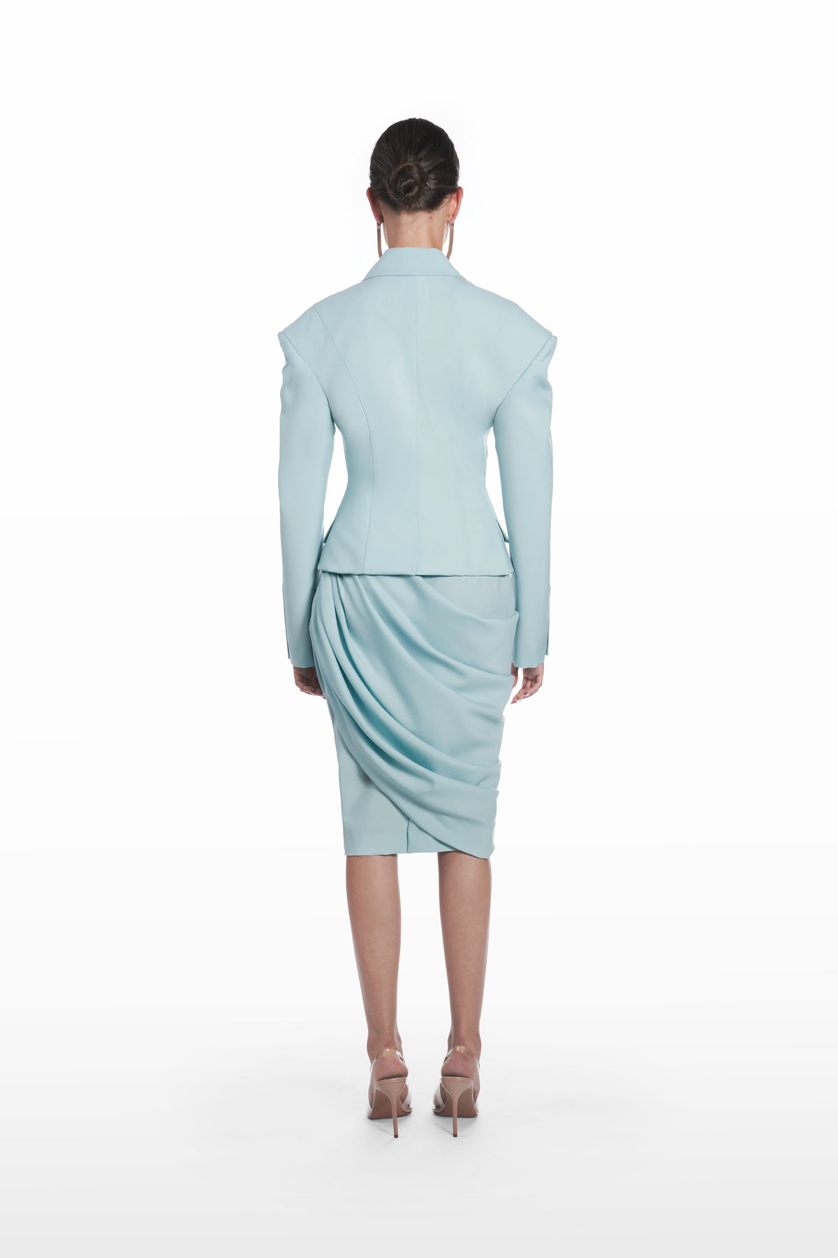 Pencil Palla Skirt in clear aqua, back view with tailored pencil silhouette and draped back detail