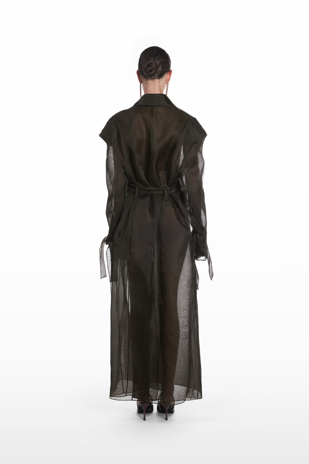 Classic double organza trench in black, back view with sheer silk organza construction and long belted shape