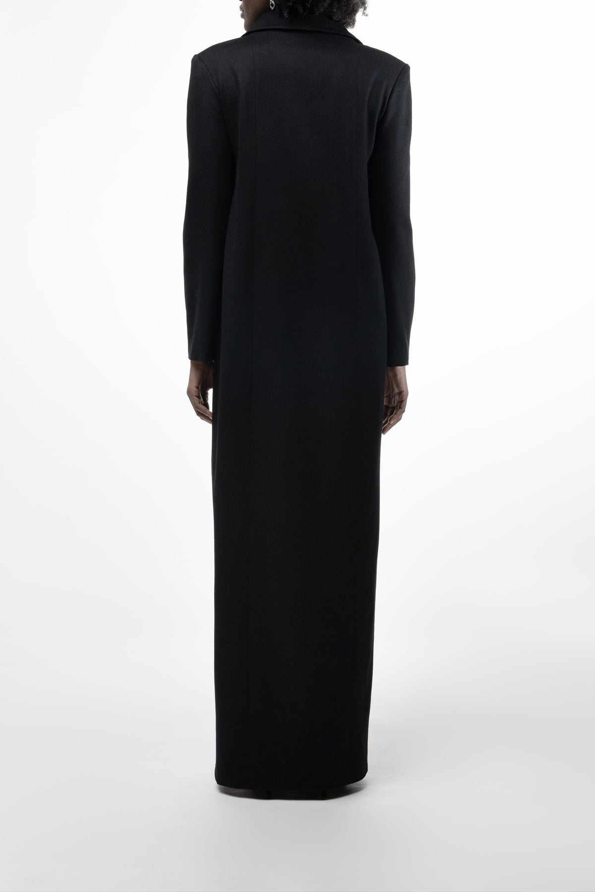 Long Placket Dress in Black on model, full back view showing floor-length hem and collar.