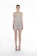 Linen Stripes Bodydress in cold beige, sleeveless striped mini dress front view with sculpted fit and softly draped hem