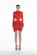 Open Falling Folds Dress red coral linen mini dress front view