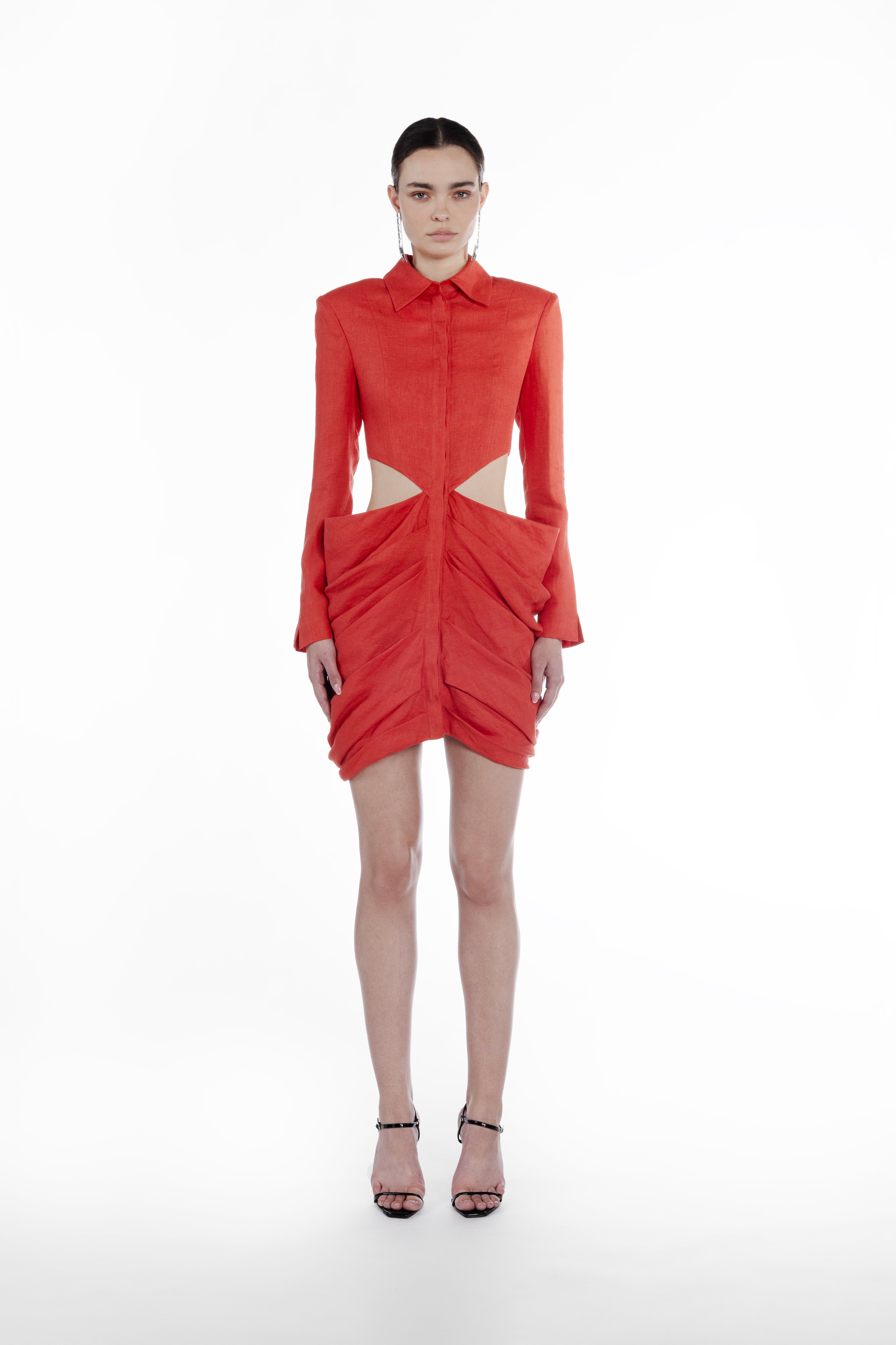 Open Falling Folds Dress red coral linen mini dress front view