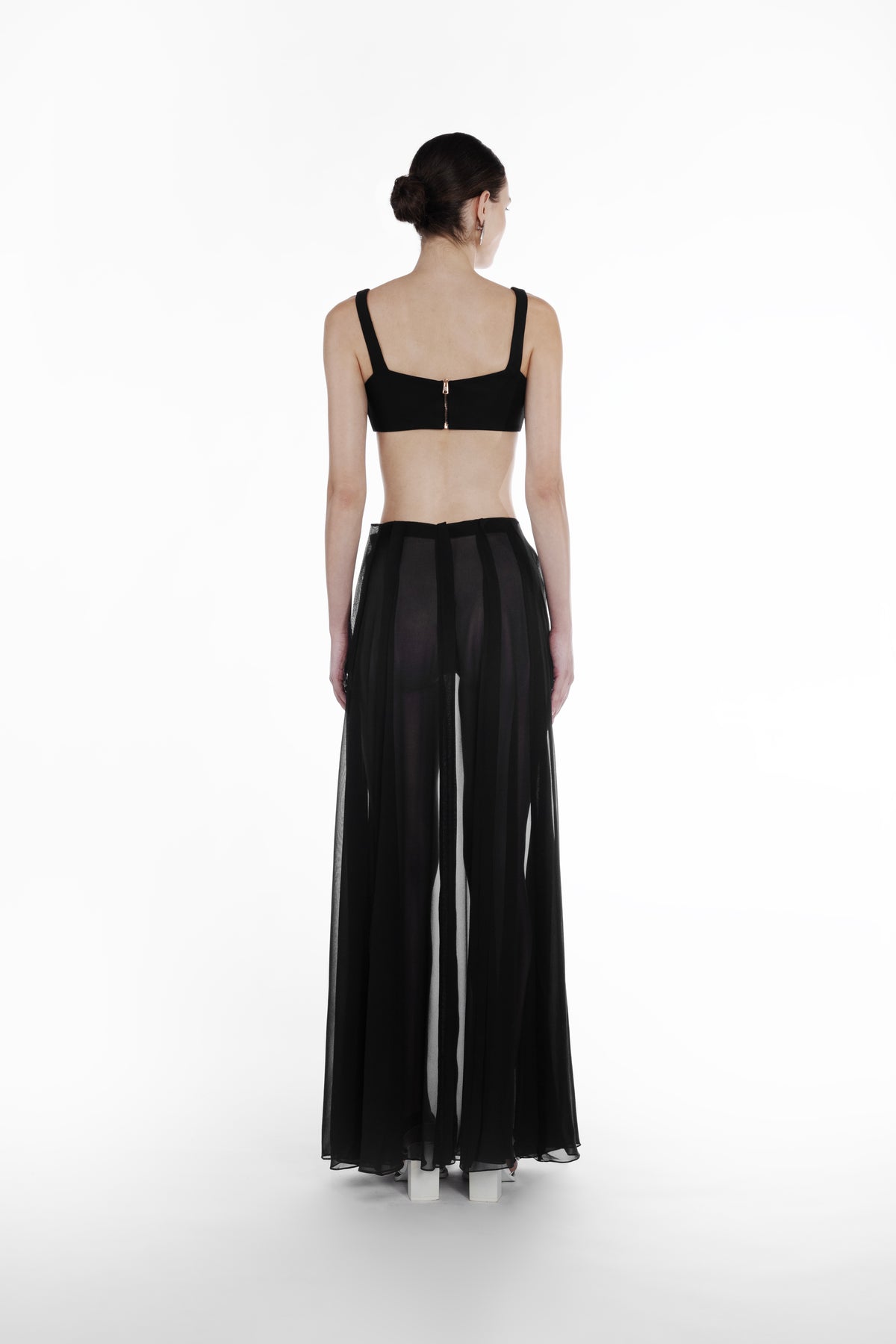 Long Plank Silk Skirt in Black, back view, transparent silk skirt with flowing long plank panels and lightweight evening silhouette