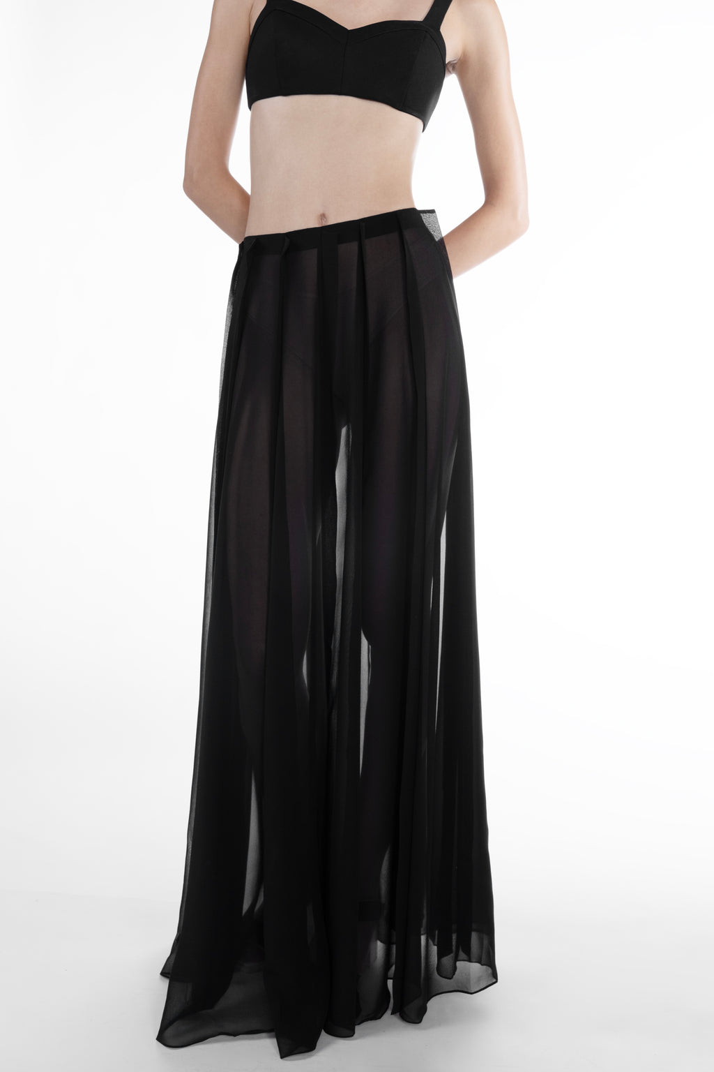 Long Plank Silk Skirt in Black, detail view, layered sheer silk construction with elongated vertical panels and fluid luxury finish