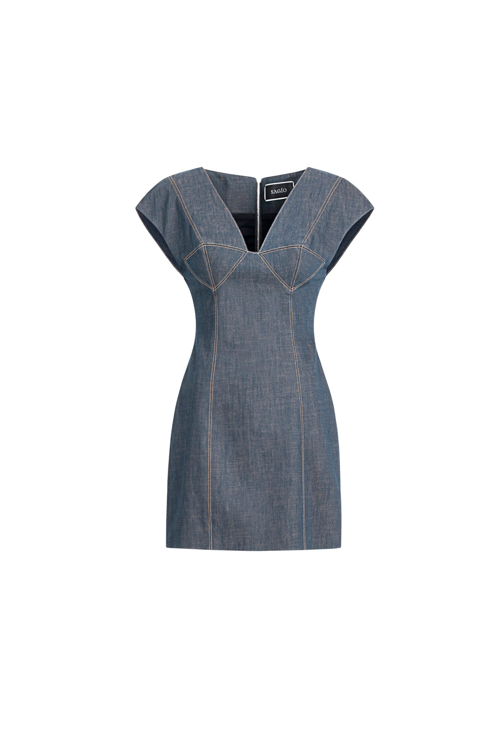 Women's light blue denim mini dress with V-neck, cap sleeves and contrast topstitching, front view