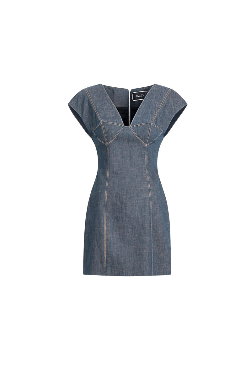 Women's light blue denim mini dress with V-neck, cap sleeves and contrast topstitching, front view