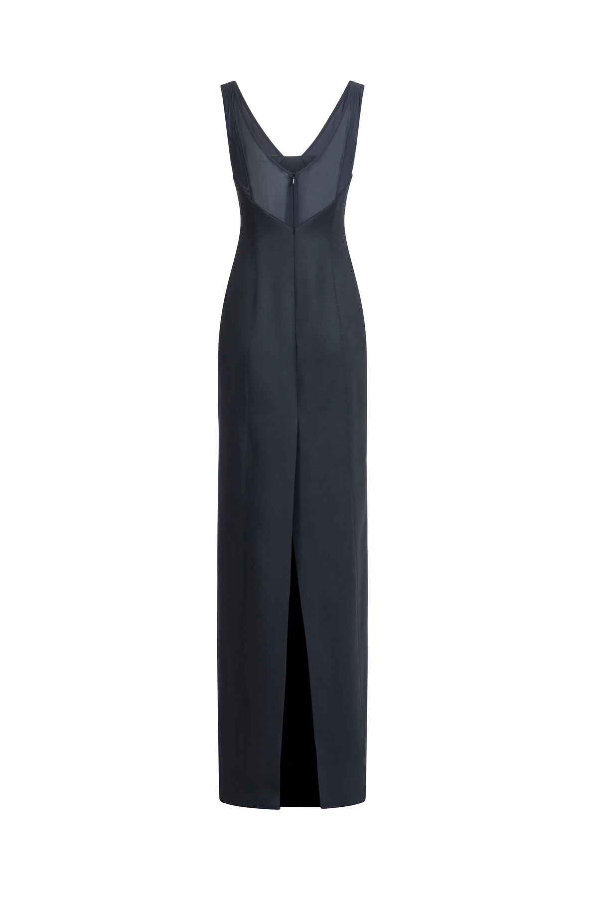 Women’s black evening gown with sheer V-back insert and center zip, back view