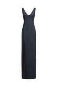 Women’s black evening gown with sculpted seams and front slit, front product view