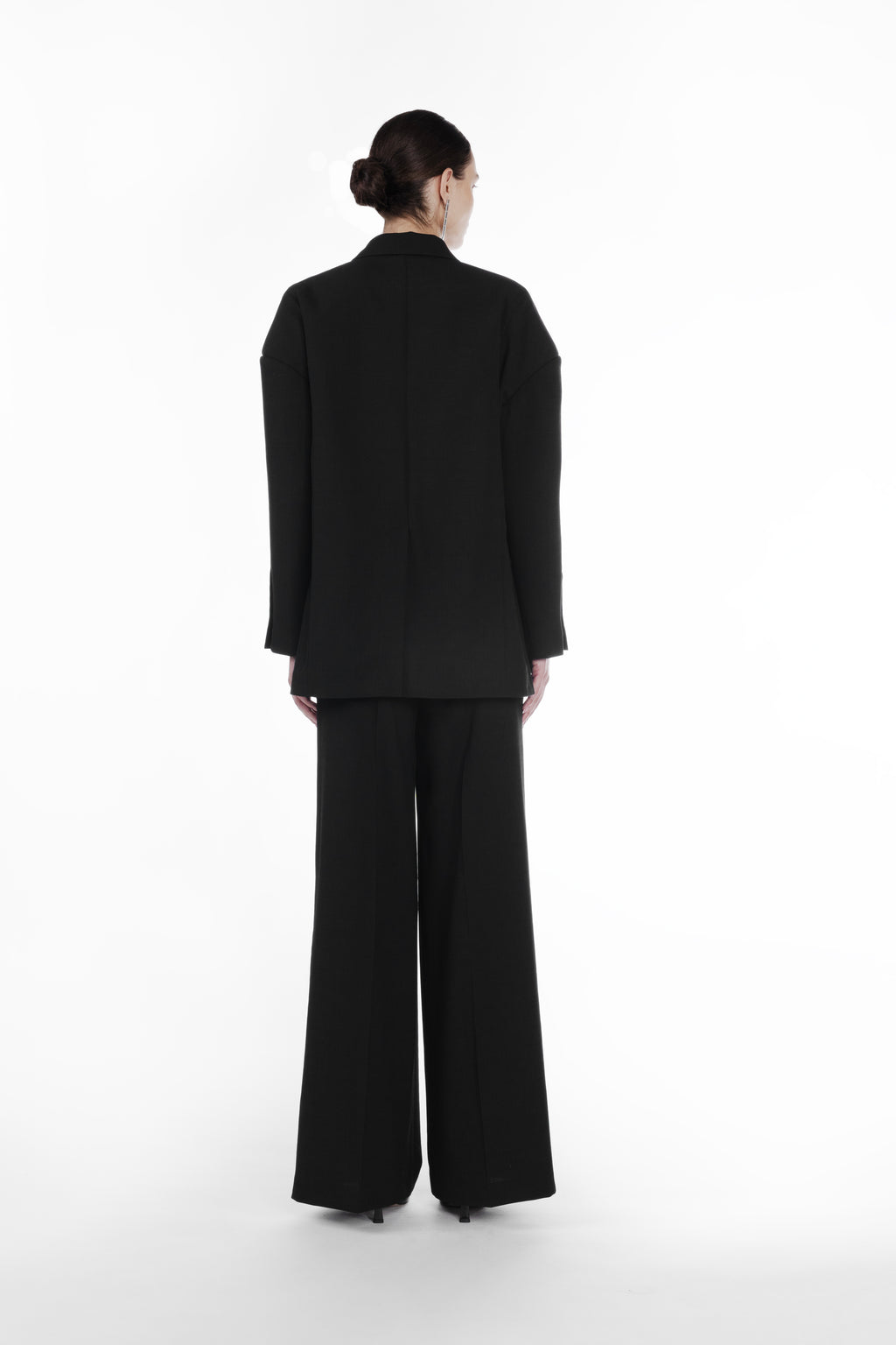Falling Shoulder Double-Breasted Jacket black back view with relaxed shoulders and longline tailored shape