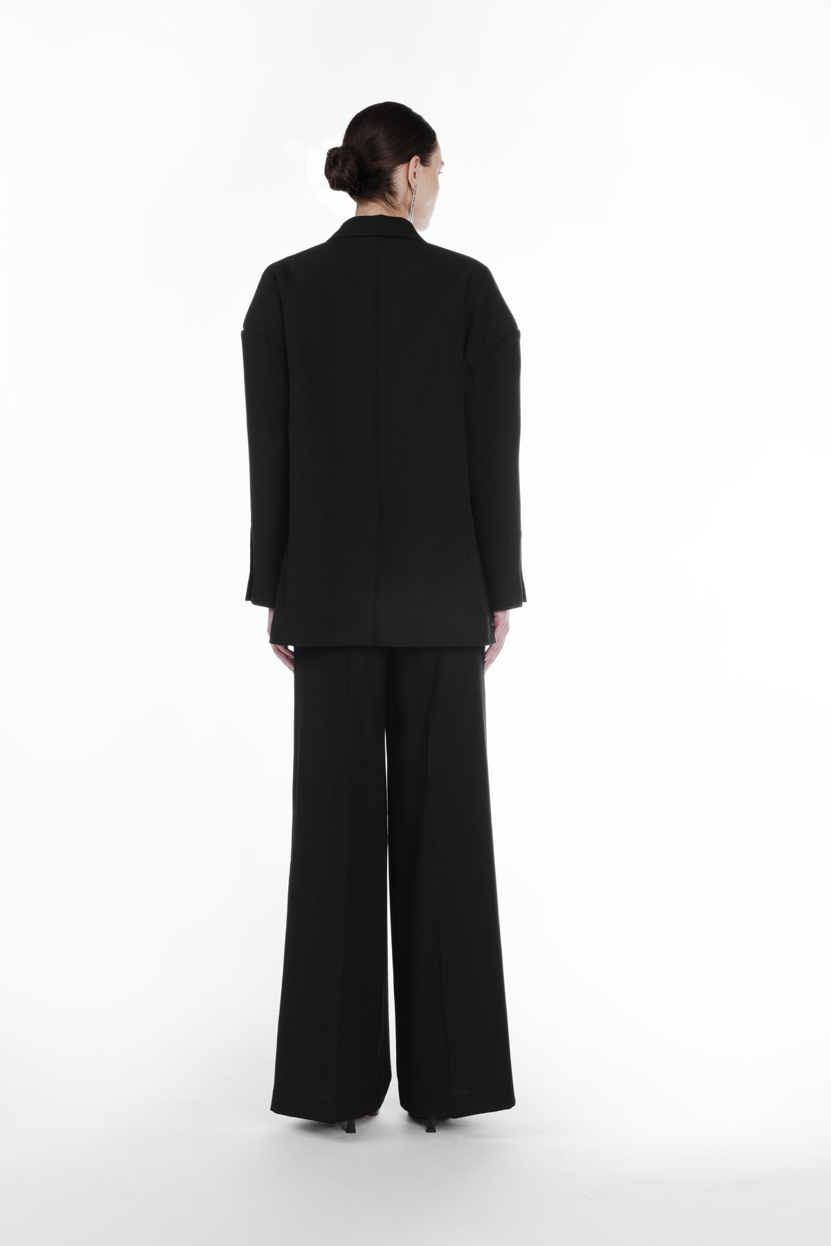 Falling Shoulder Double-Breasted Jacket black back view with relaxed shoulders and longline tailored shape