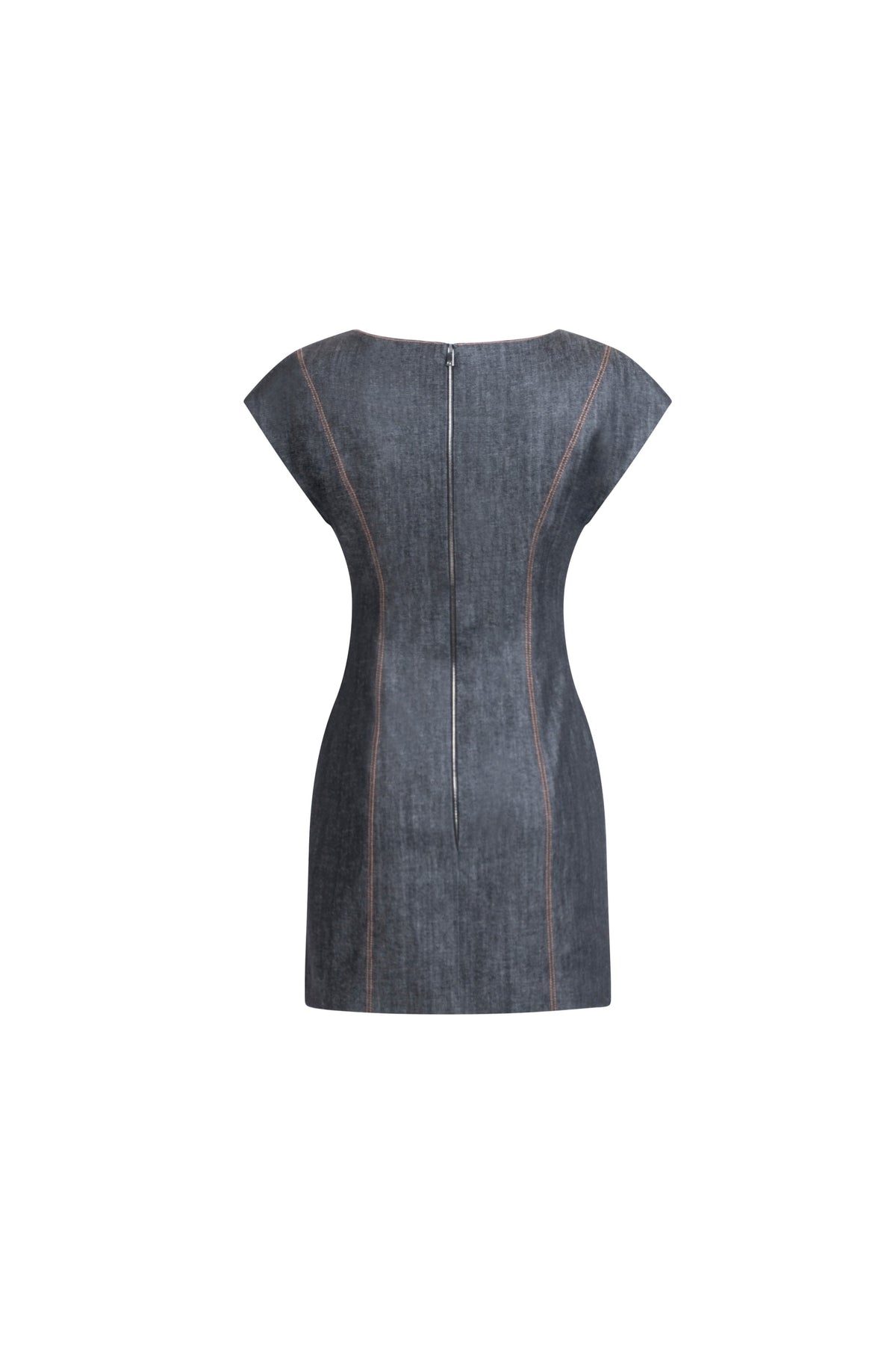 Women's charcoal denim mini dress with center back zipper and panel lines, back view