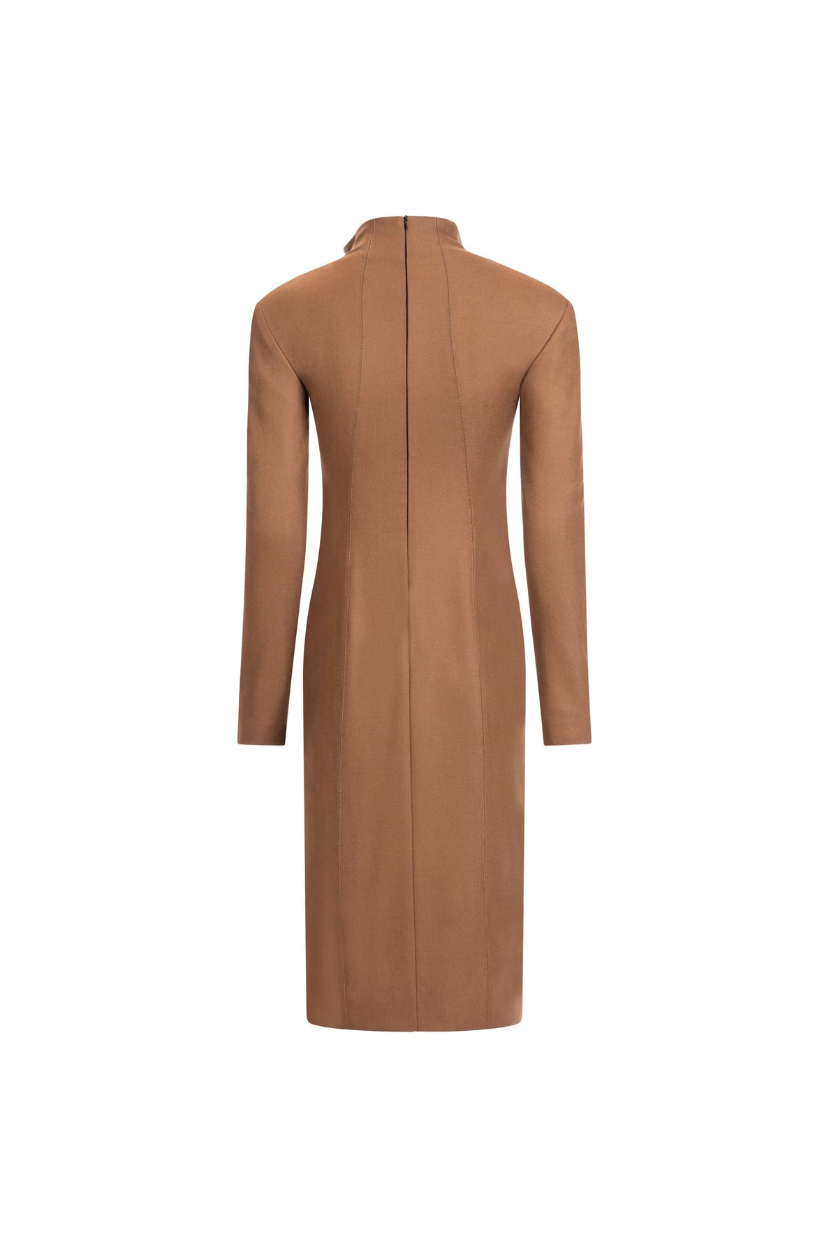 Women’s light brown wool midi dress, long sleeves, center-back seam