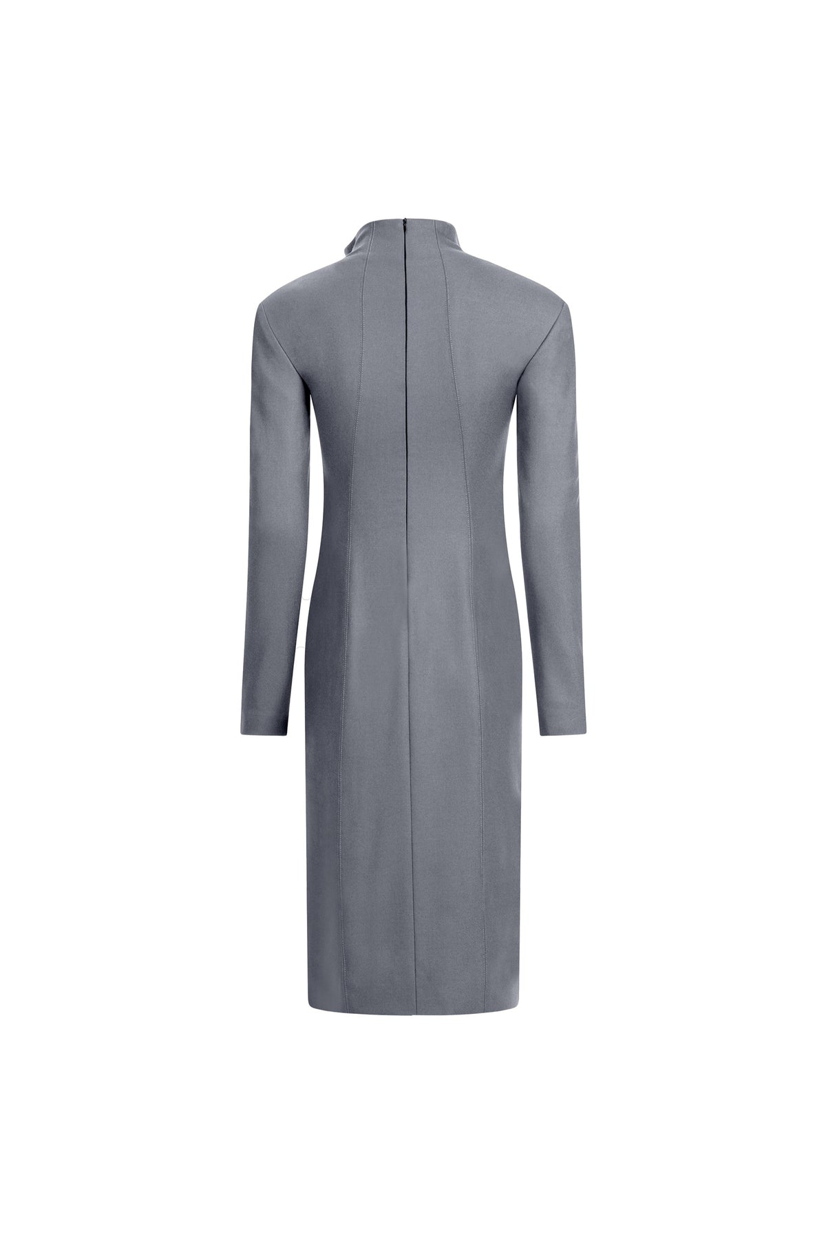 Women’s gray wool midi dress, long sleeves, center-back seam