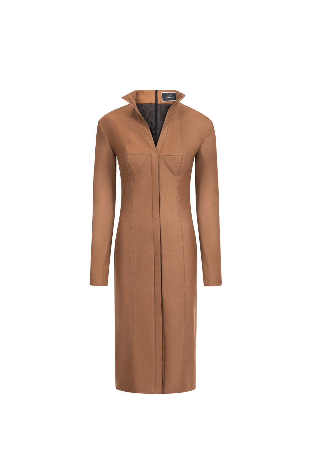 Women’s light brown wool midi dress with bustier seams and front vent