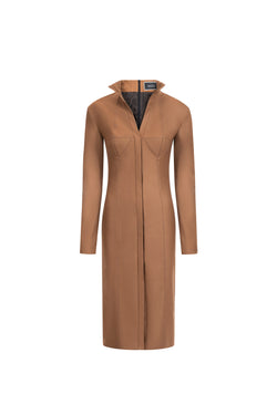 Women’s light brown wool midi dress with bustier seams and front vent