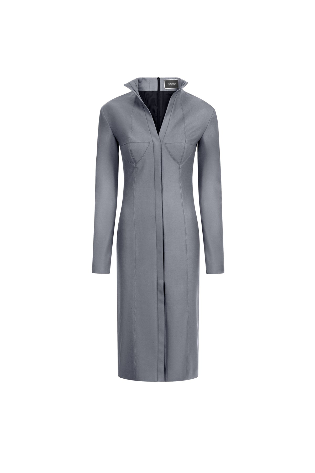 Women’s gray wool midi dress with bustier seams and front vent