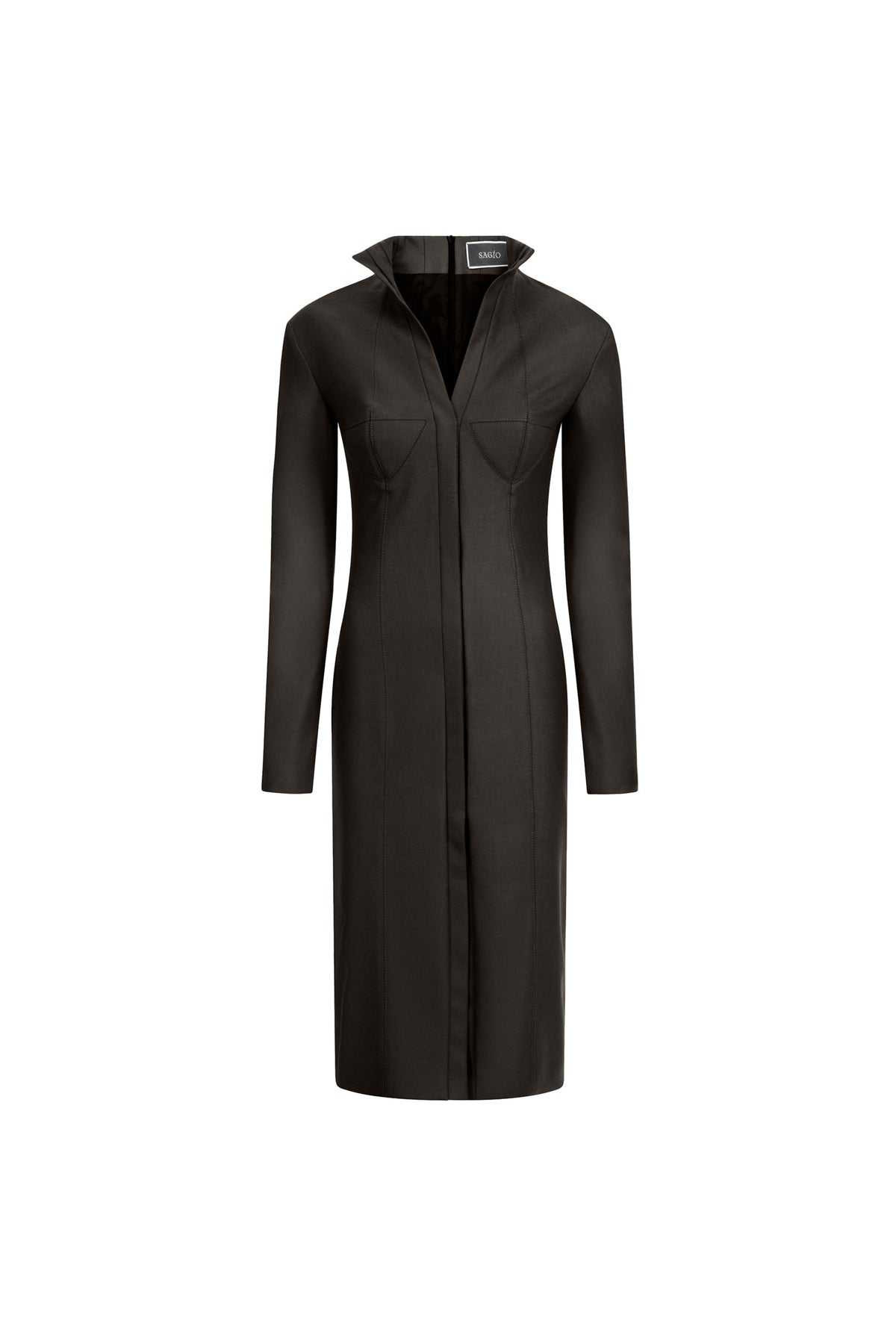 Women’s dark brown wool midi dress with bustier seams and front vent