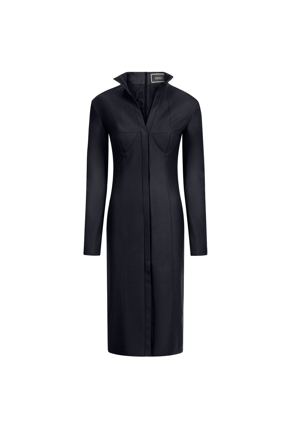 Women’s black wool midi dress with bustier seams and front vent