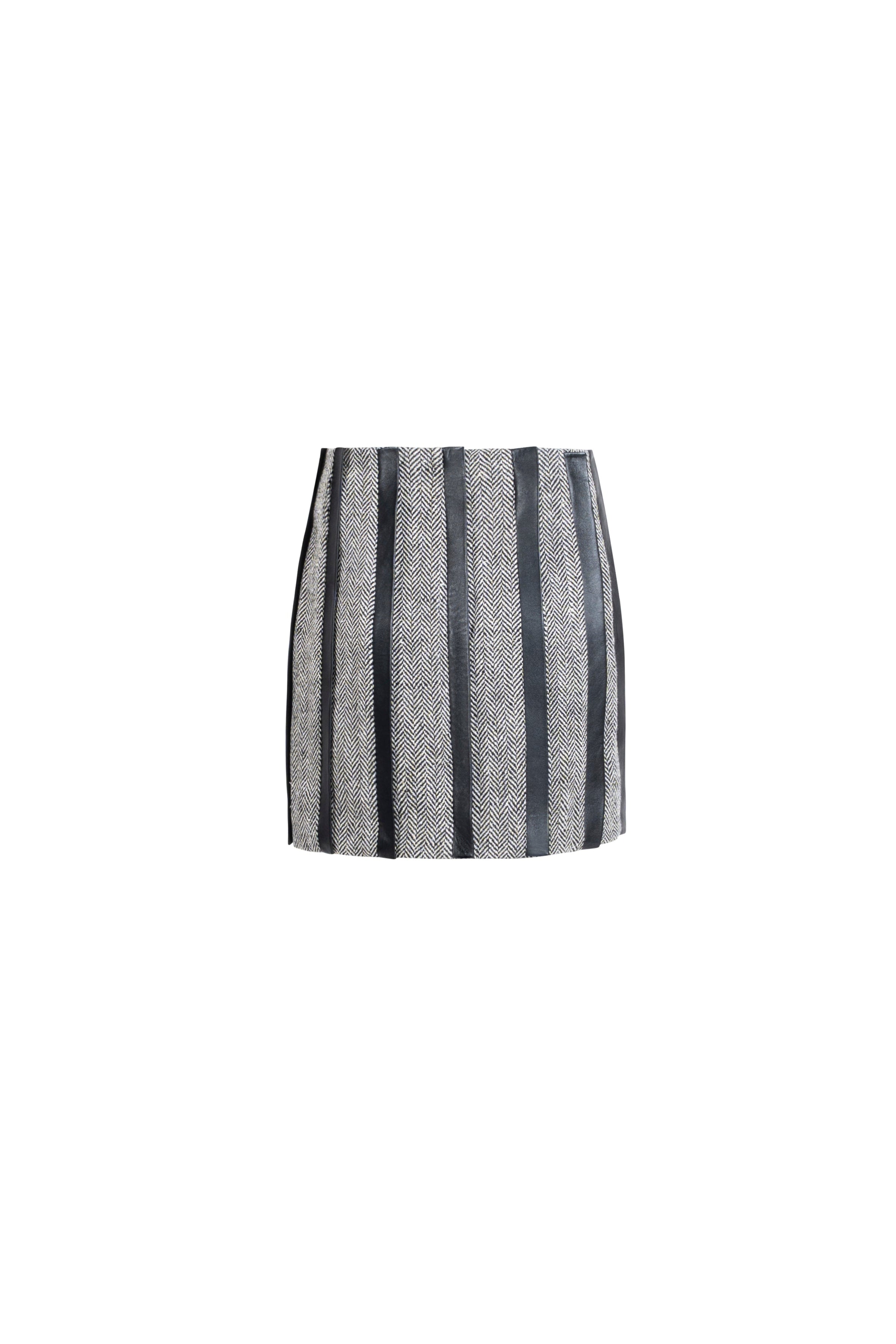 Grey herringbone tweed mini skirt with vertical leather panels, back product view