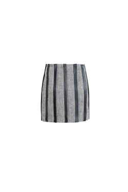 Grey herringbone tweed mini skirt with vertical leather panels, back product view