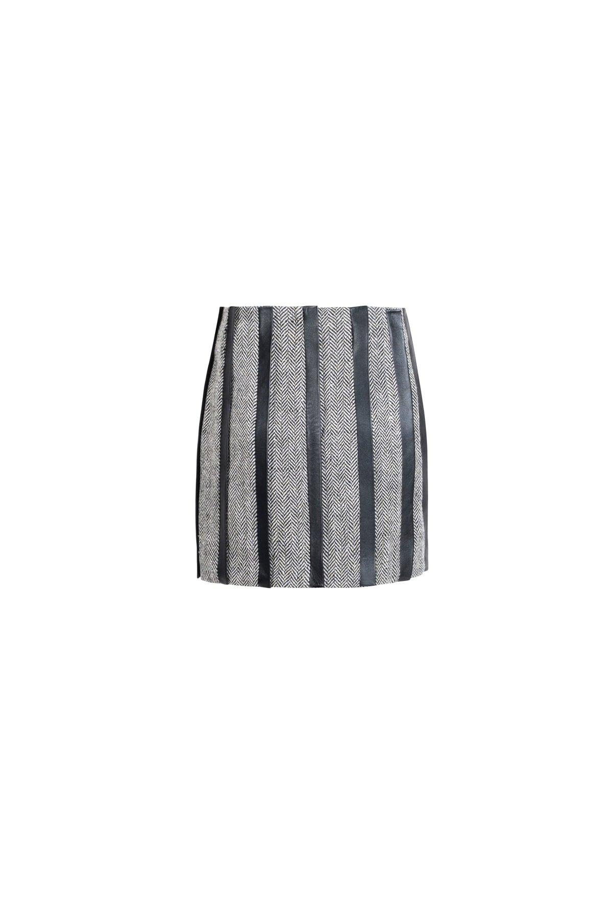 Grey herringbone tweed mini skirt with vertical leather panels, back product view