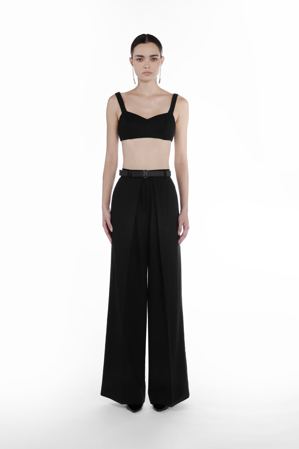 Deep Folds Stripes Palazzo in Black, front view, high-waisted virgin wool palazzo trousers with belt detail and elongated wide-leg silhouette