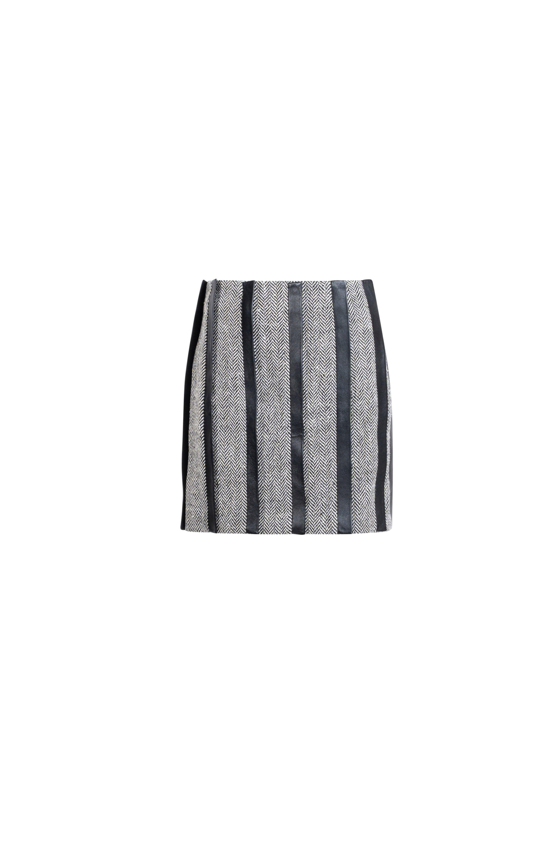 Grey herringbone tweed mini skirt with vertical leather panels, front product view (FW 25/26 collection)
