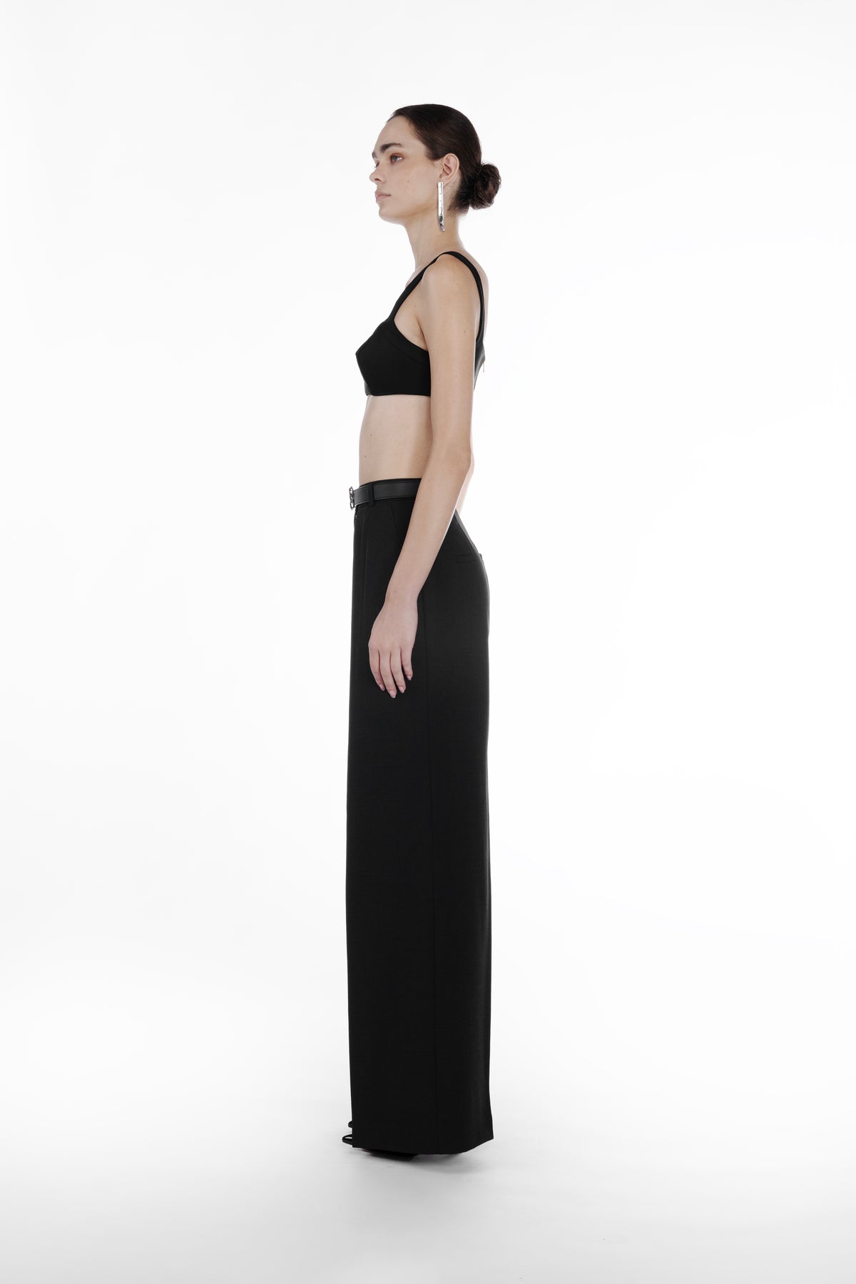 Deep Folds Stripes Palazzo in Black, side view, designer wide-leg tailored trousers in virgin wool with fluid full-length drape