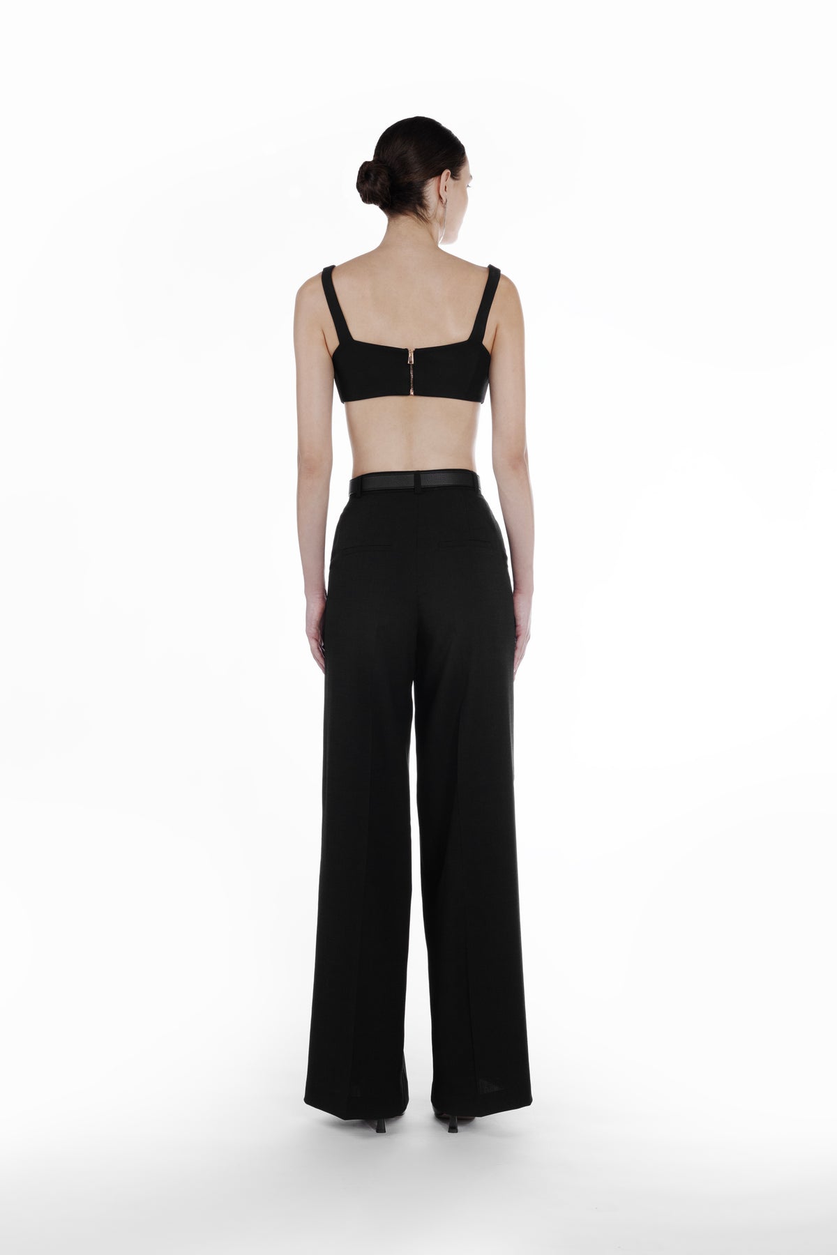 Deep Folds Stripes Palazzo in Black, back view, full-length palazzo trousers with clean tailored structure and wide-leg silhouette