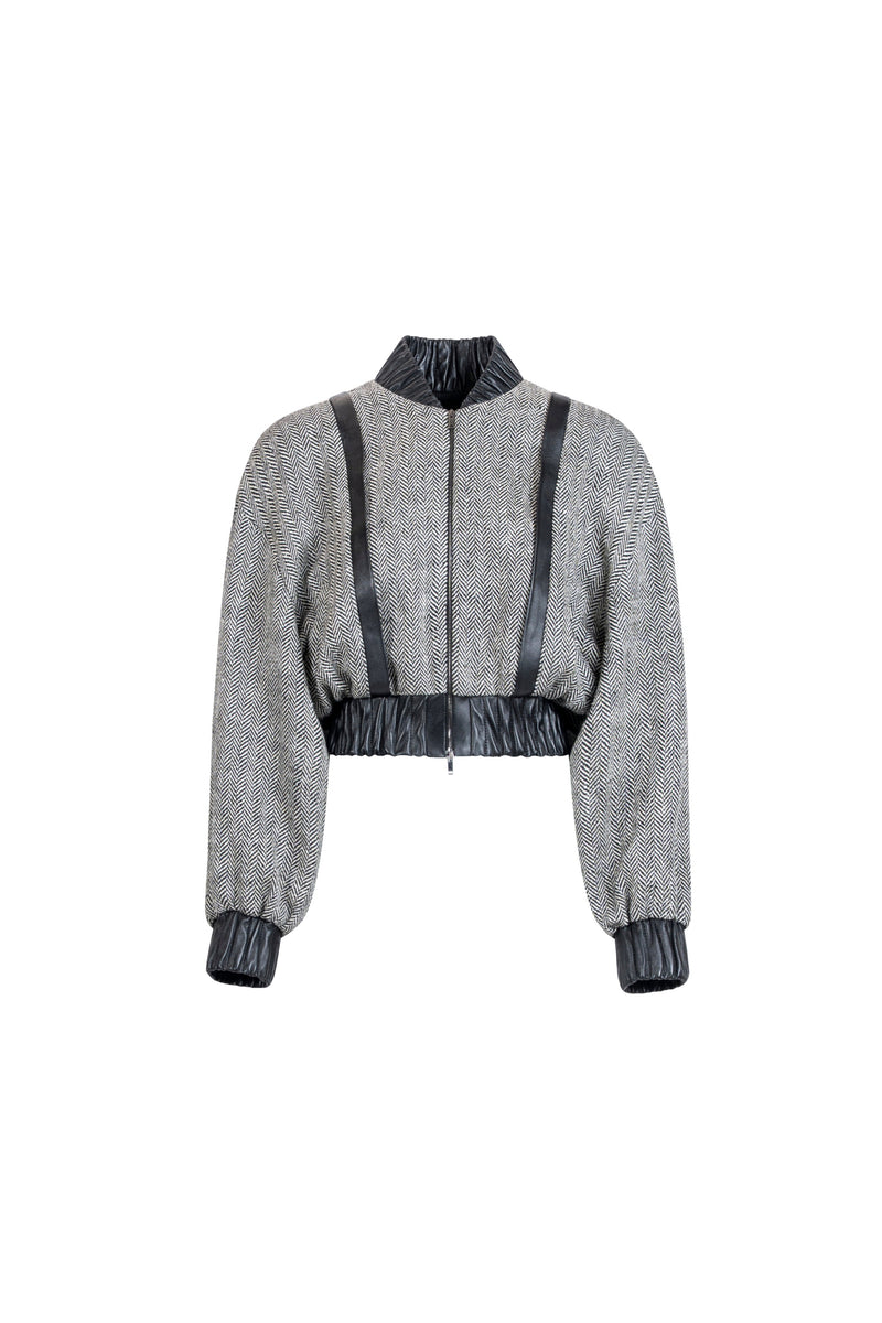 Grey herringbone tweed bomber jacket with leather trims and front zip, cropped fit, front product view