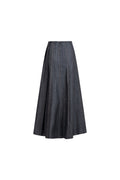 Placket denim skirt, three-quarter front view, placket panels