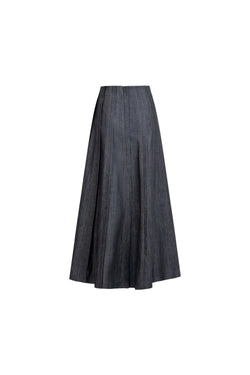 Placket denim skirt, three-quarter front view, placket panels