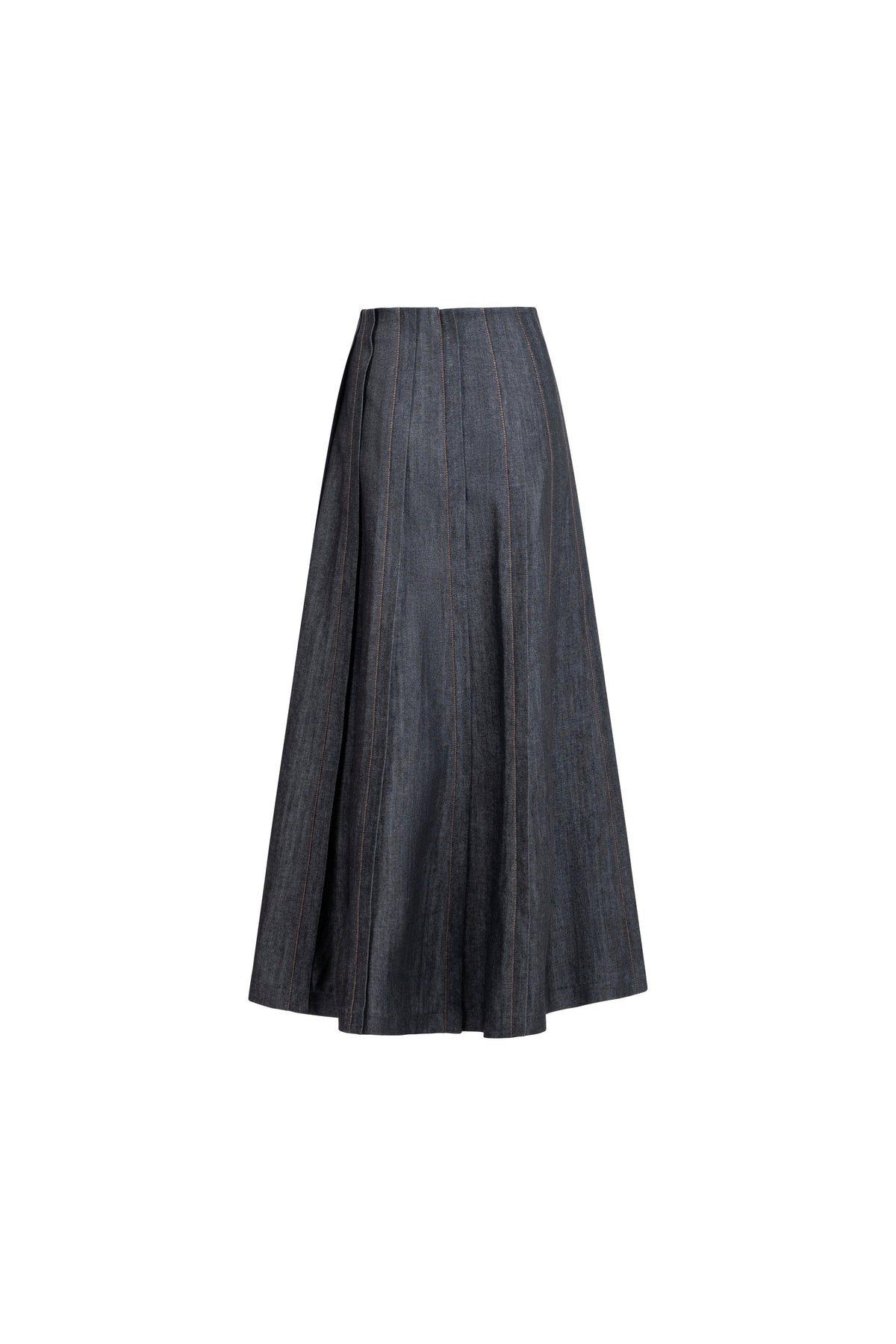 Placket denim skirt, three-quarter front view, placket panels